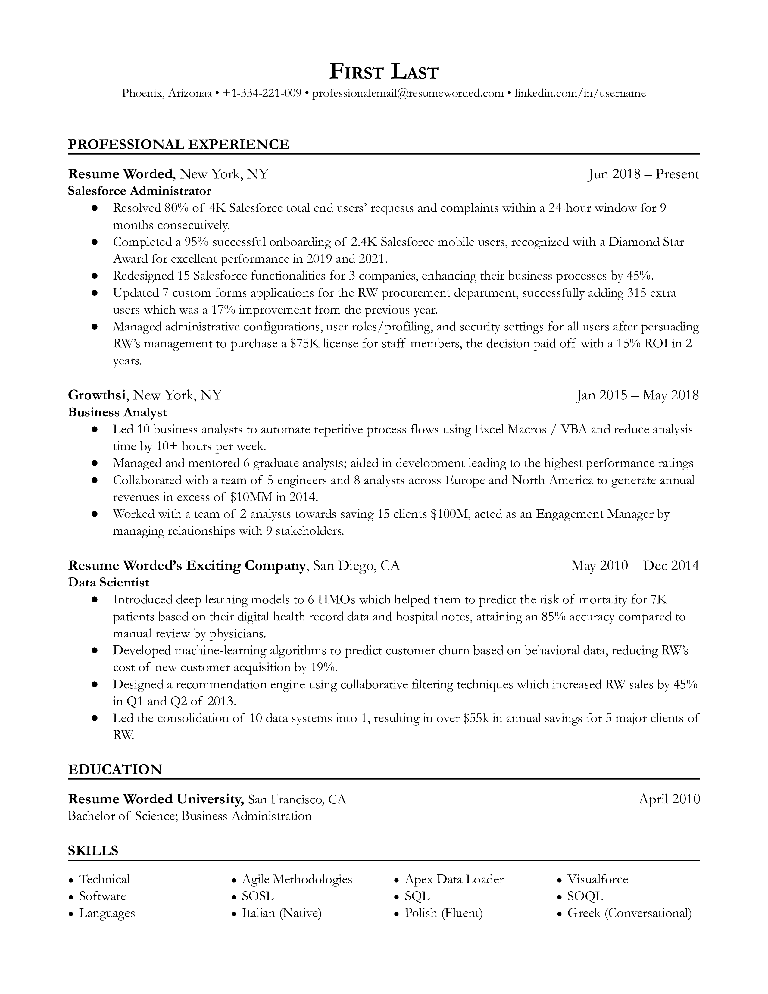 A well-structured Salesforce Administrator CV featuring certifications and hands-on experience.