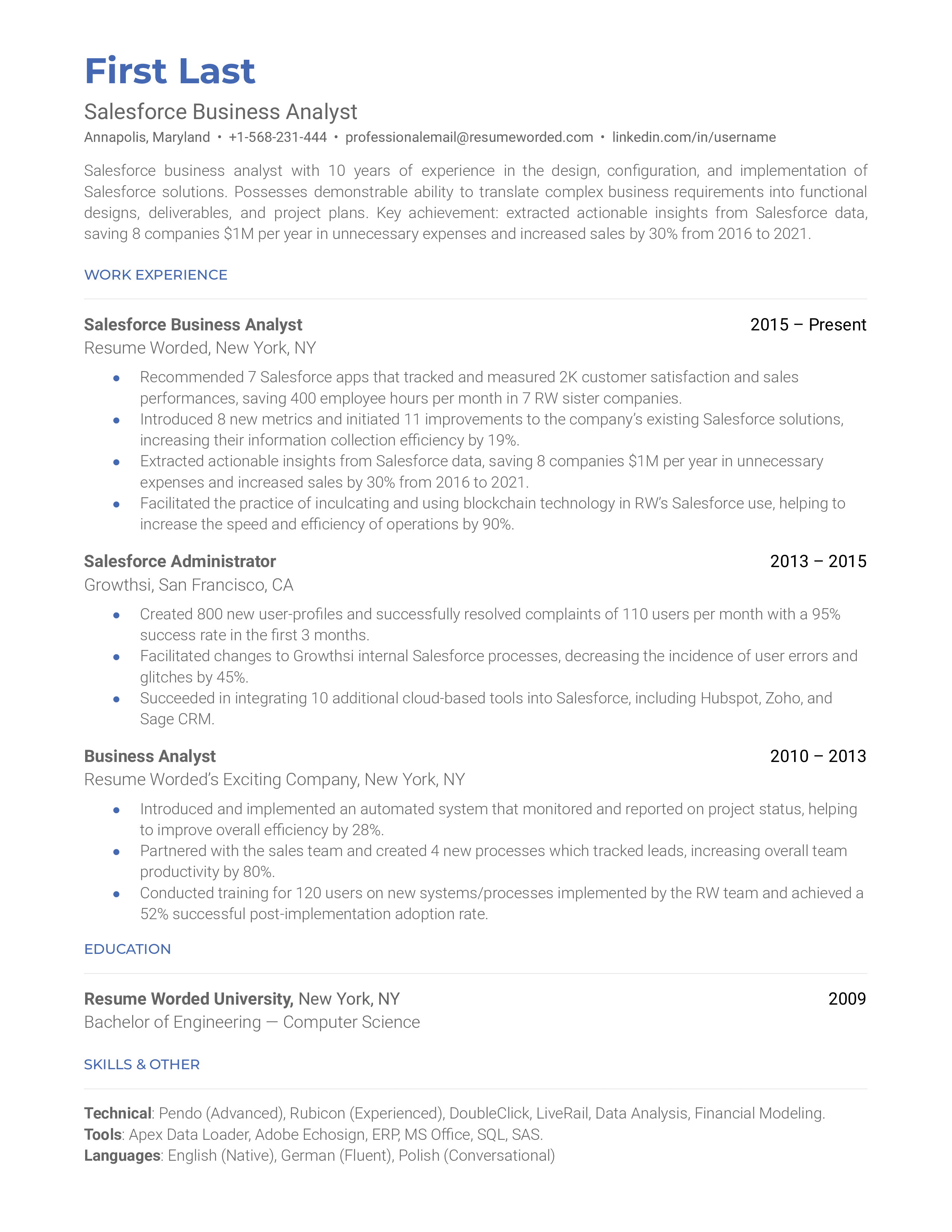 A Salesforce Business Analyst  resume example that includes education, skills, work experience, and additional information