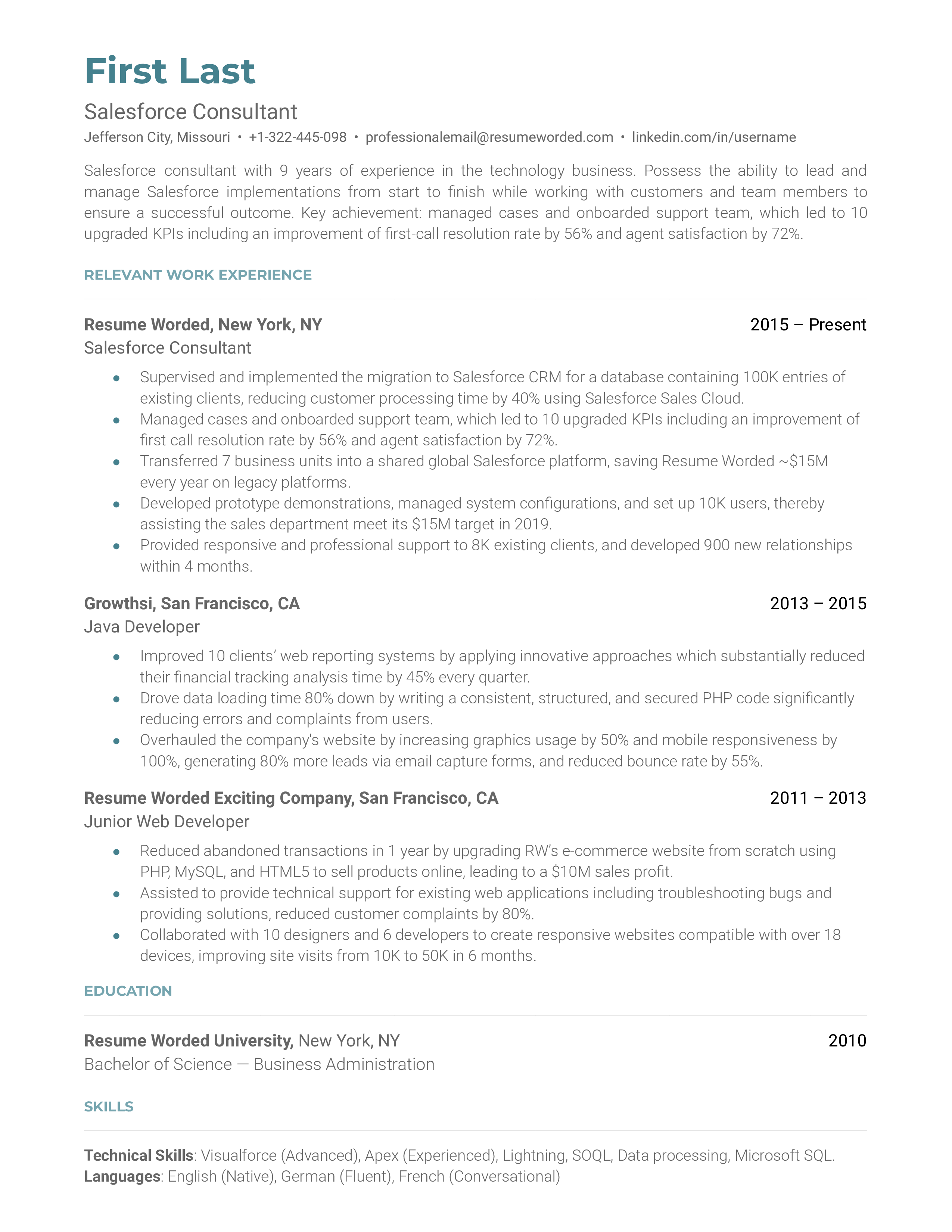 A Salesforce Consultant resume template that organizes work experience chronologically
