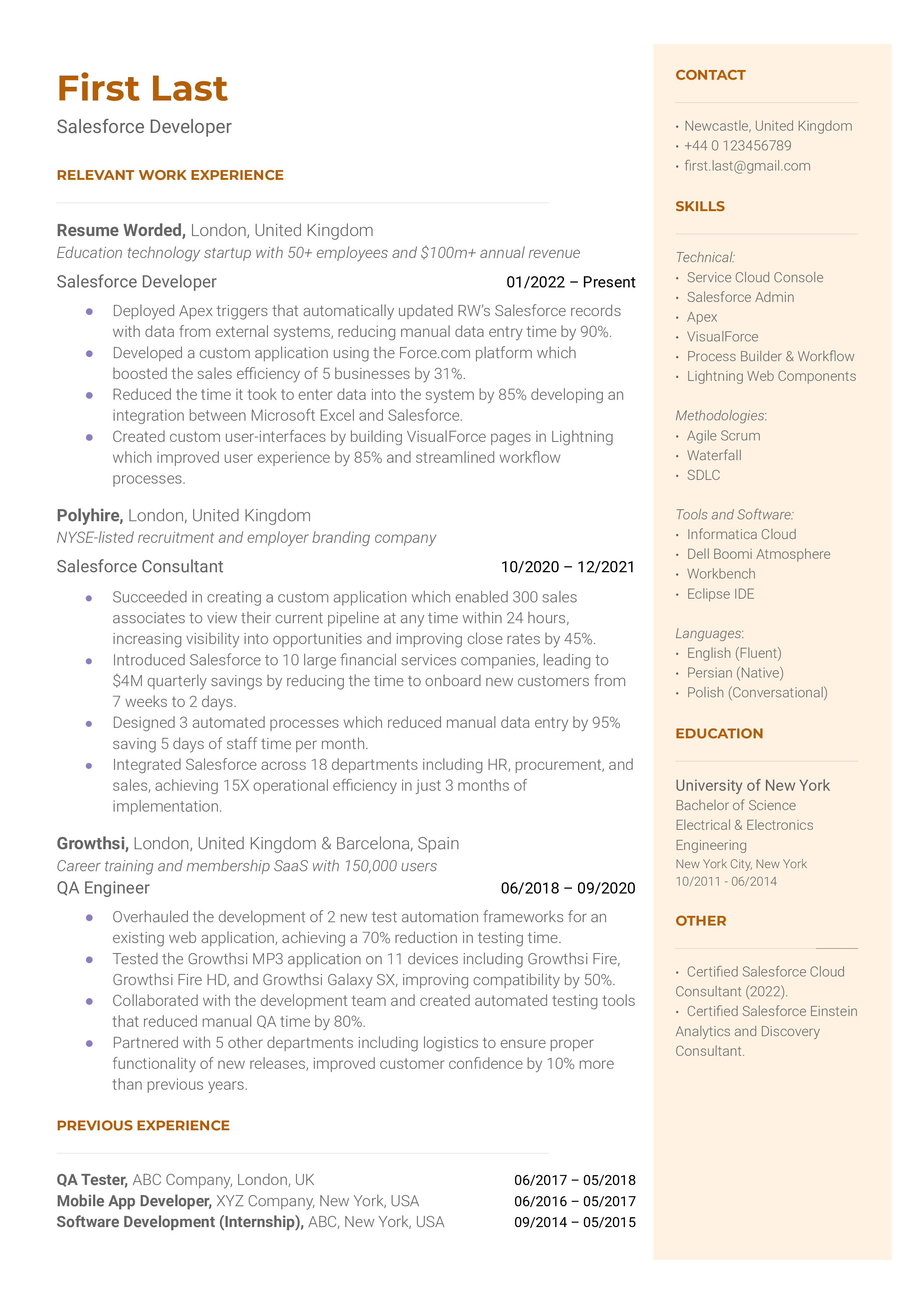 A Salesforce Developer resume template that includes education, work expeirence, skills, and contact information