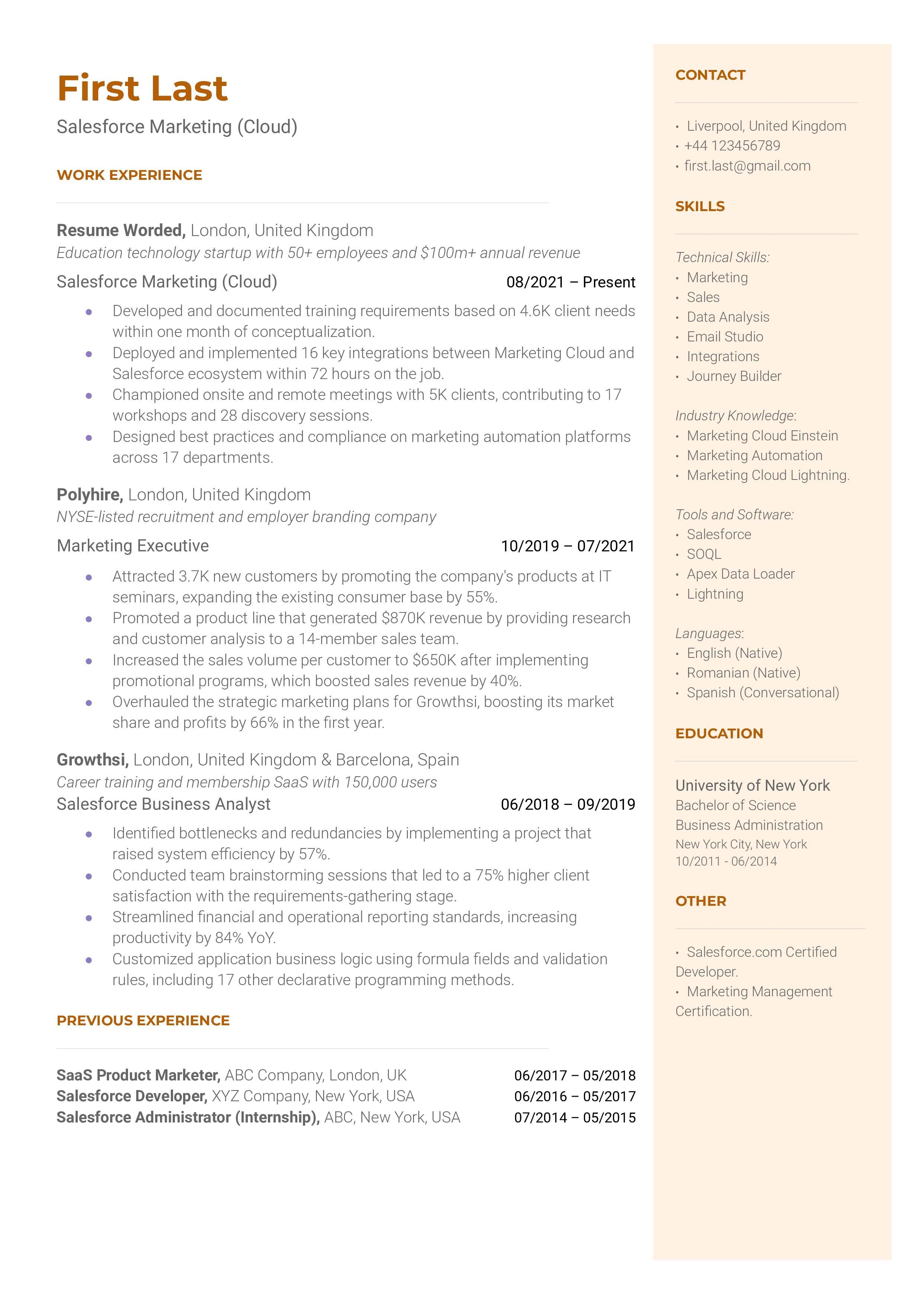 A Salesforce marketing cloud resume with work experience in Salesforce adminstration and business analytics, and a business degree.