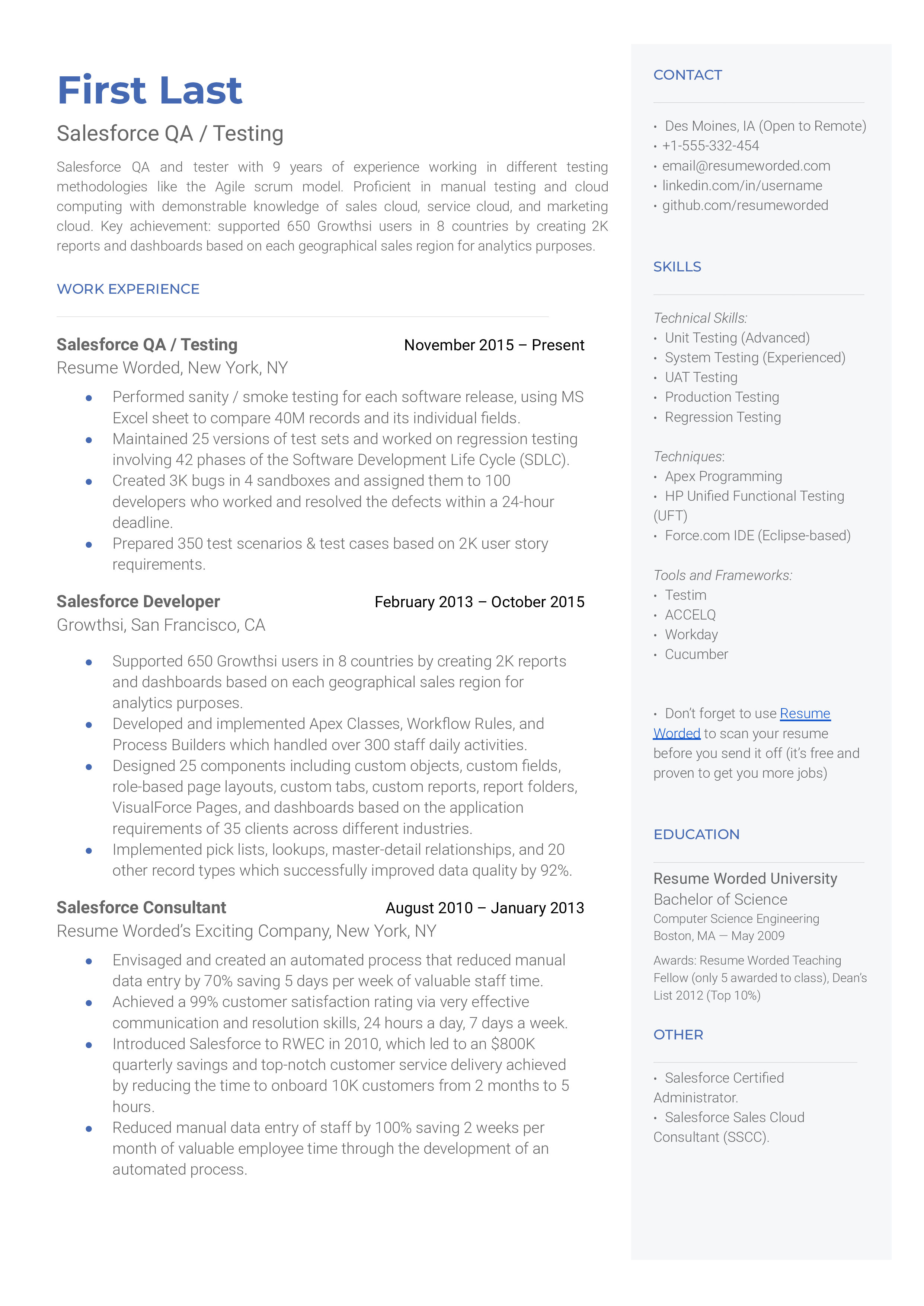A two column Salesforce QA resume template that includes relevant work experience, education, and contact information
