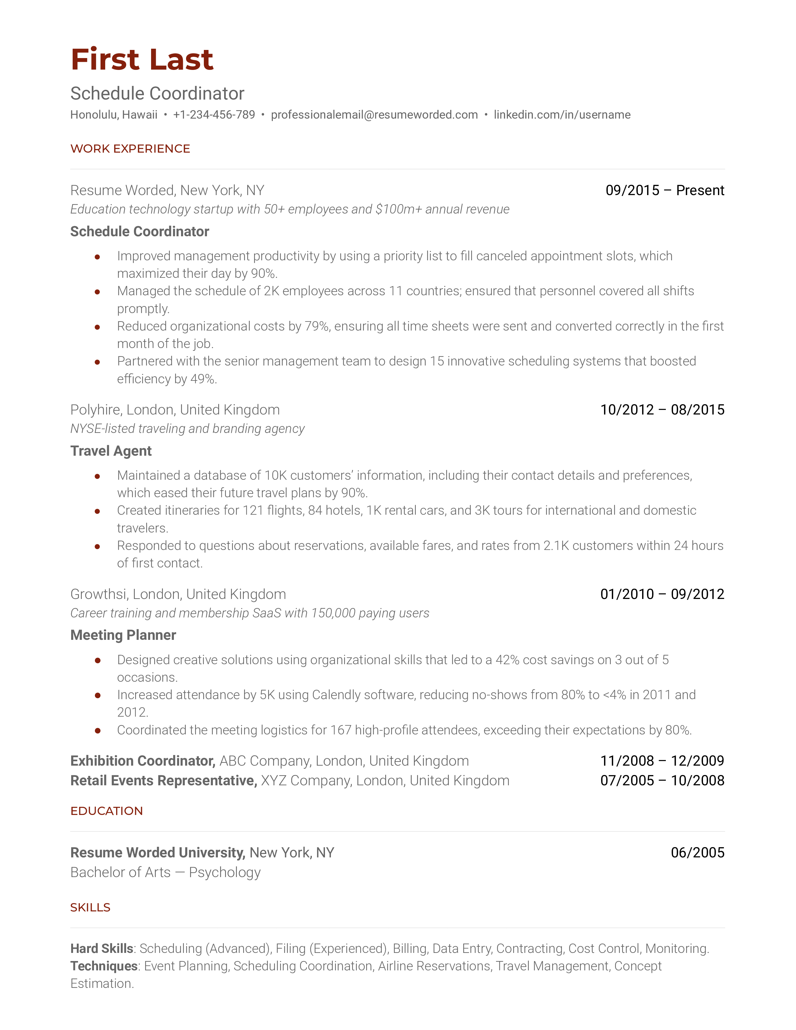 Schedule Coordinator Resume Sample