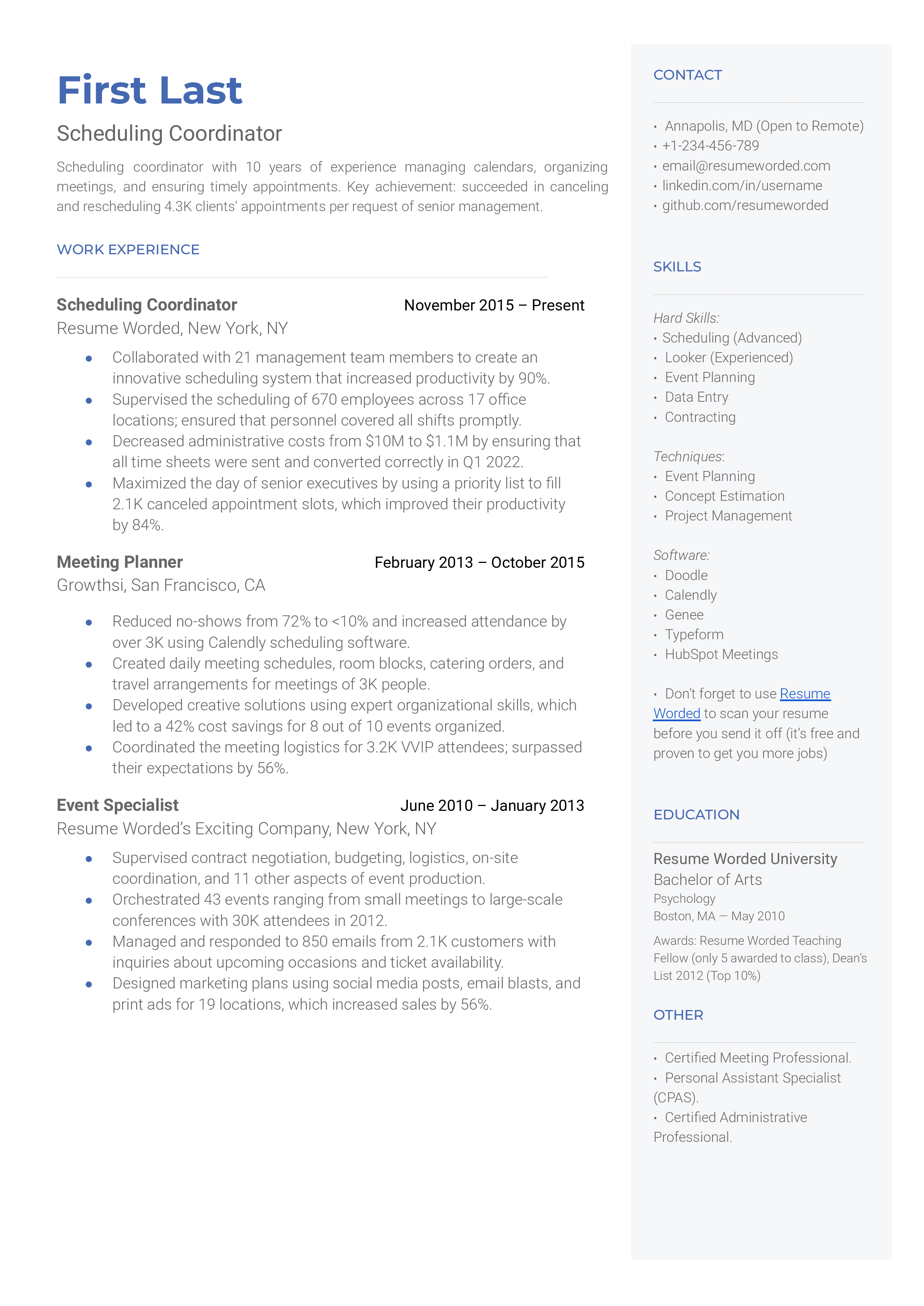 A scheduling coordinator resume template that highlights technical skills