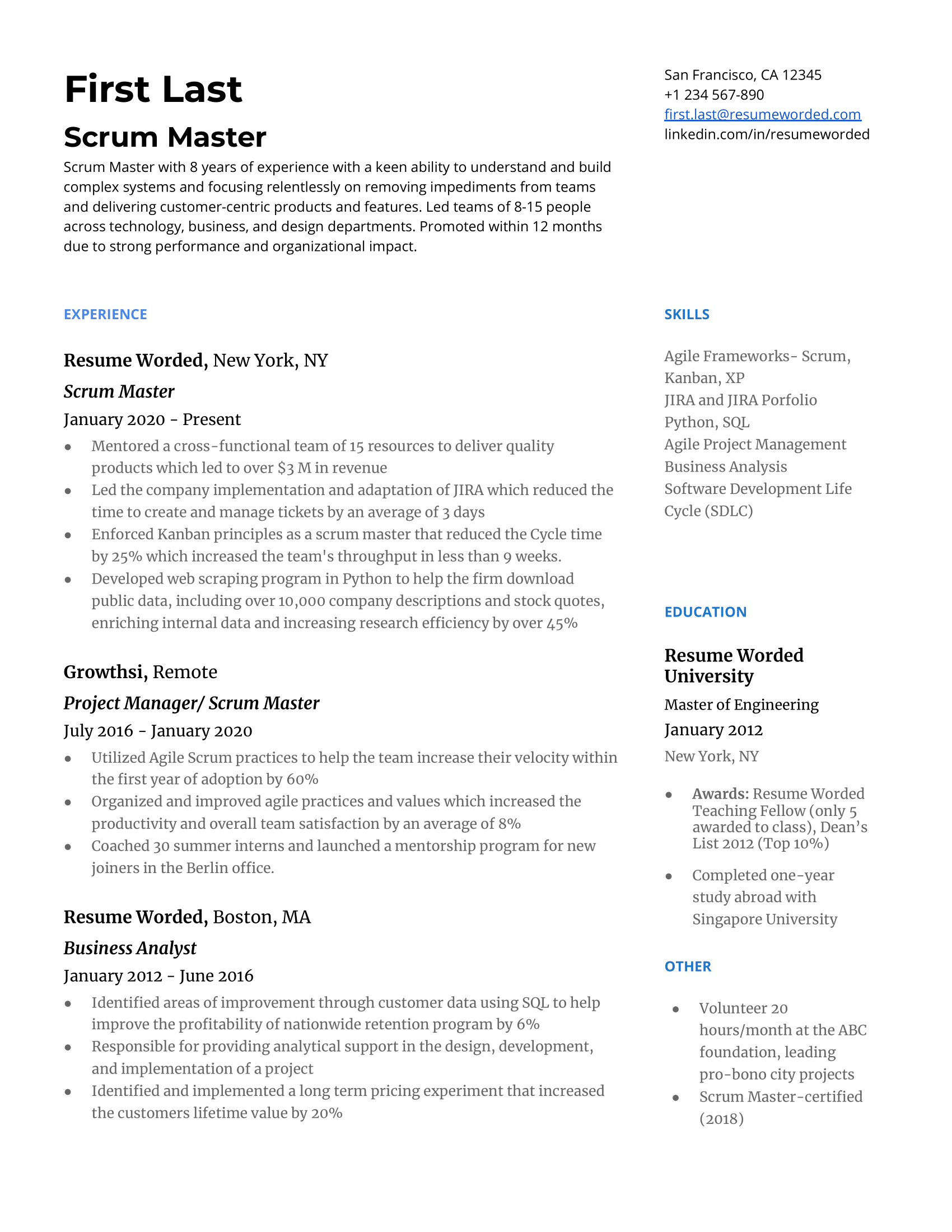 A scrum master resume template with a summary, a focus on experience in past roles, related skills, education, and certificate. 