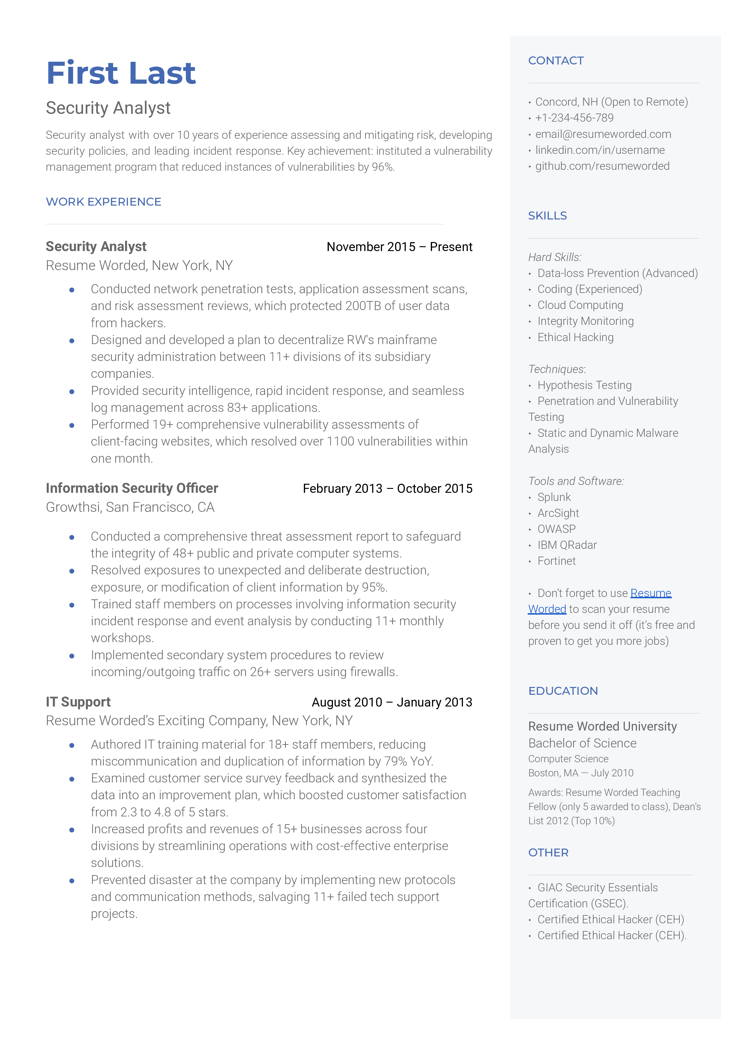 A security analyst resume template that prioritizes technical skills. 