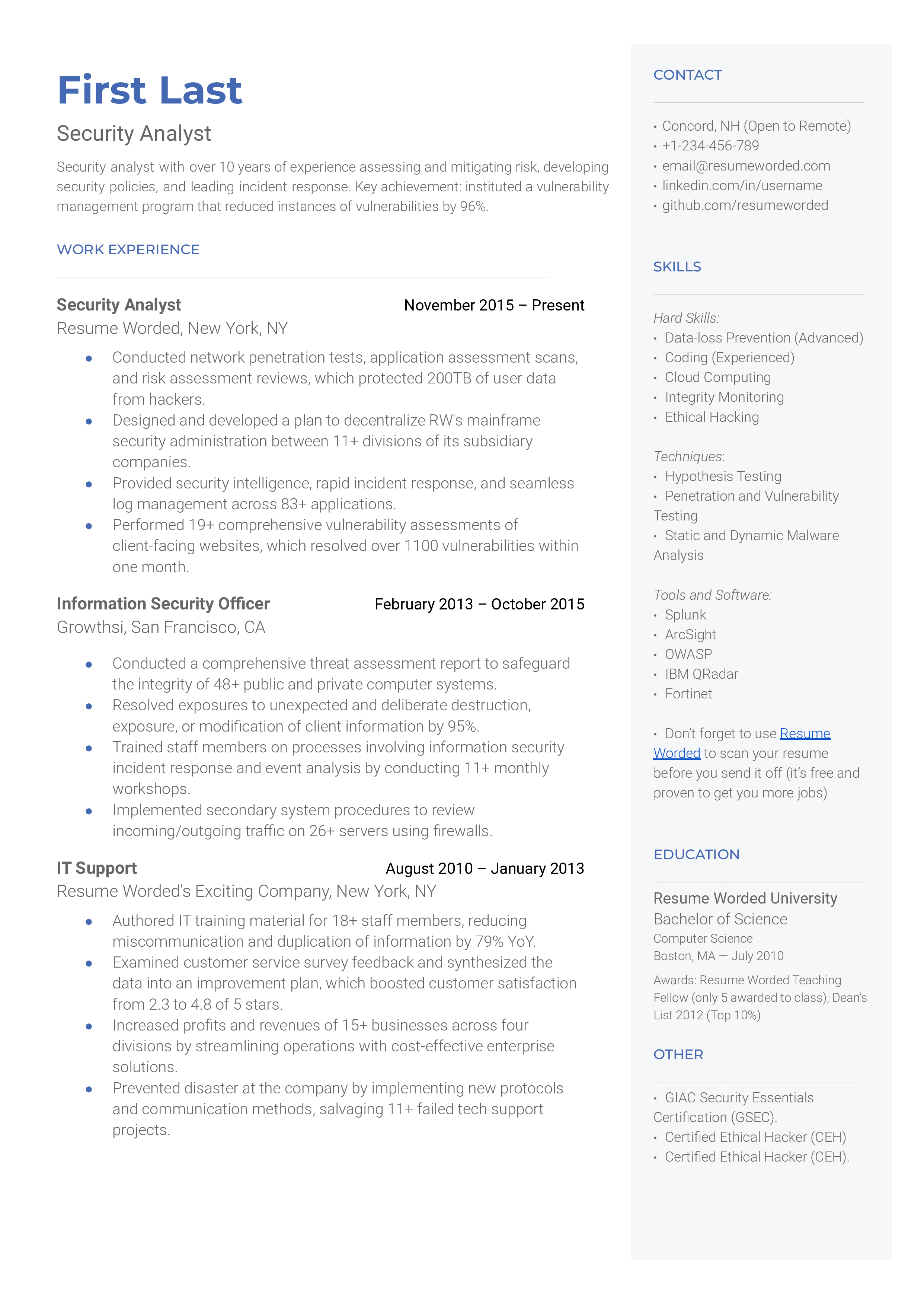 A CV screenshot highlighting Security Analyst's certifications and problem-solving initiatives.