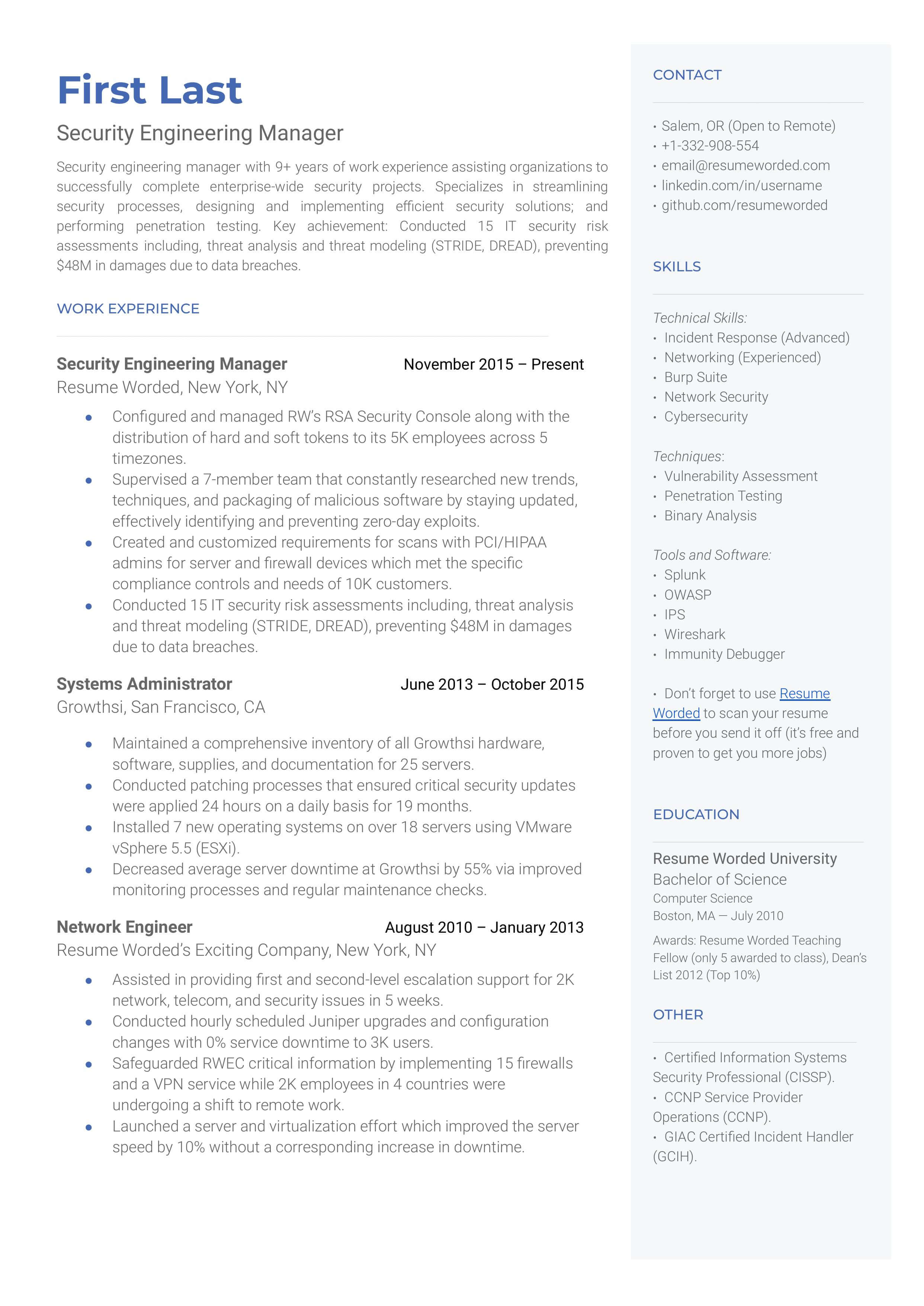 This security engineering manager resume template shows what a successful applicant can put in their resume.