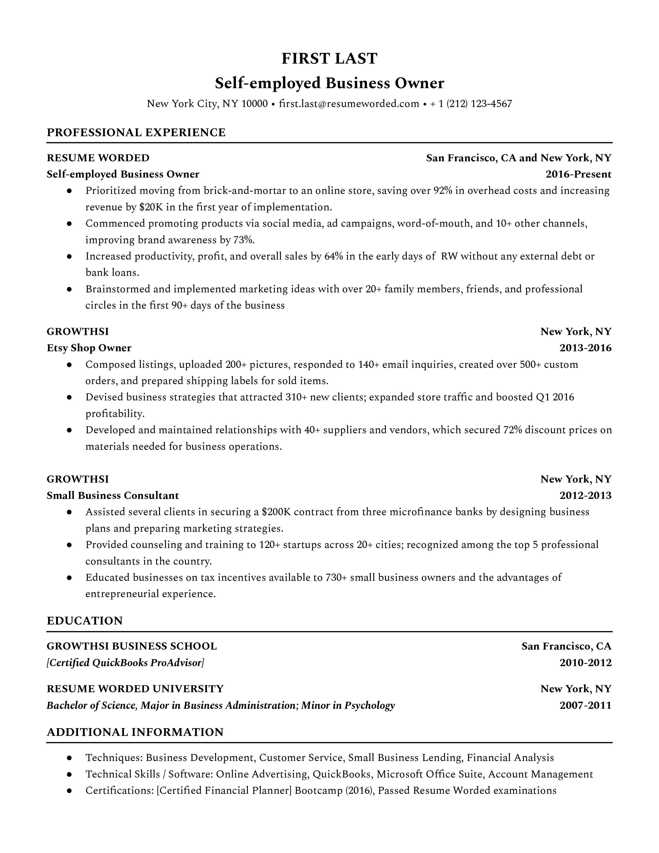 A self-employed business owner resume template including business certifications.