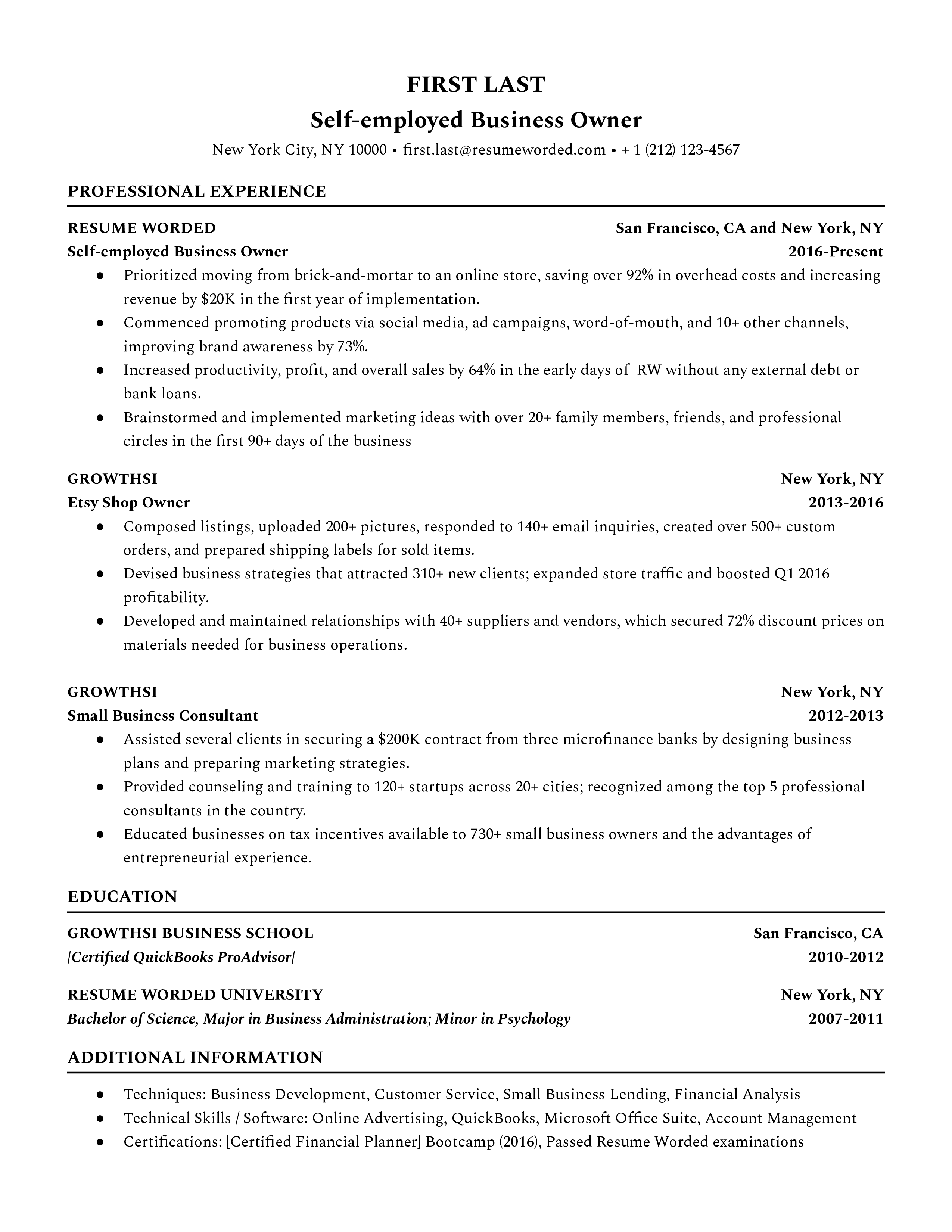 how to write self business in resume