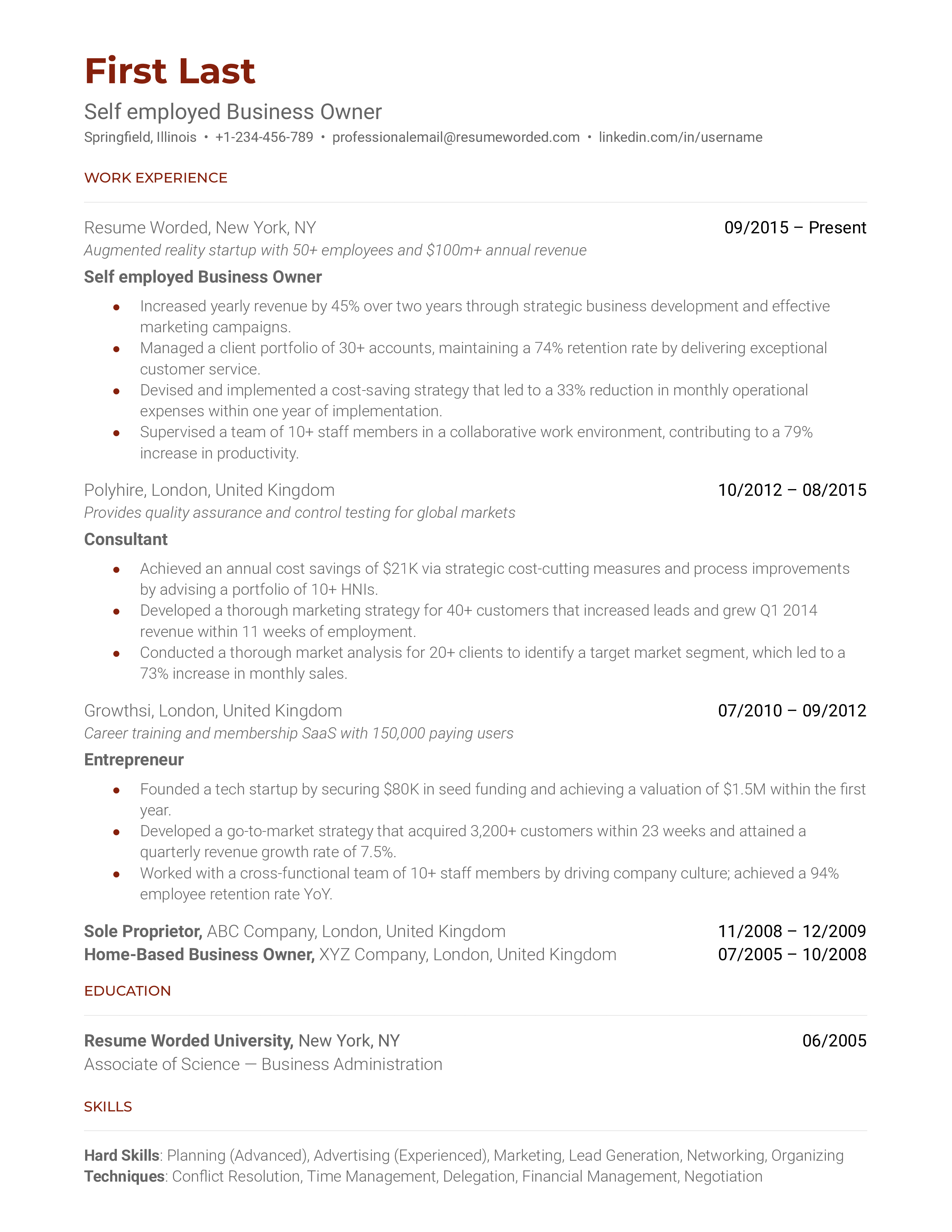 Self employed Business Owner Resume Sample