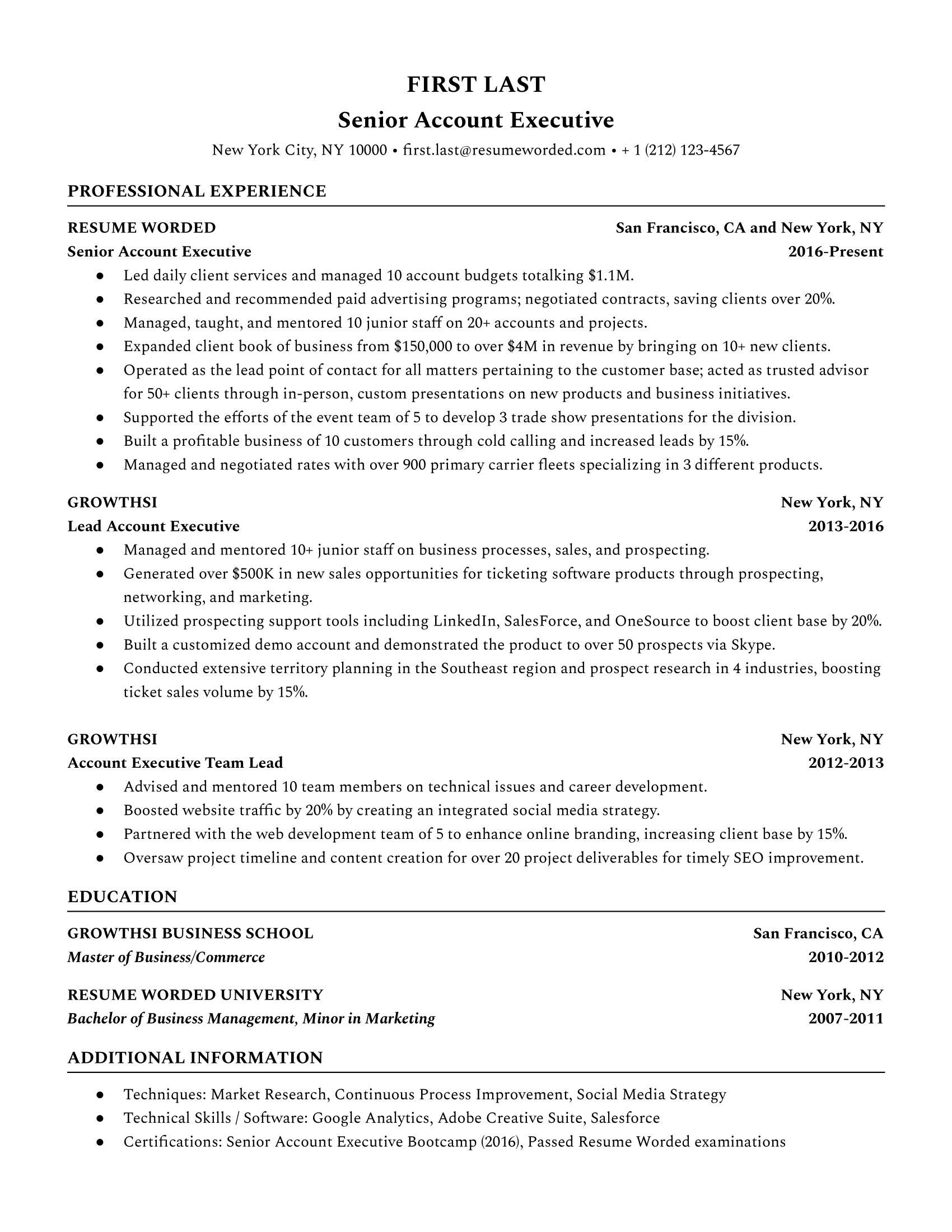 Senior Account Executive Resume Sample