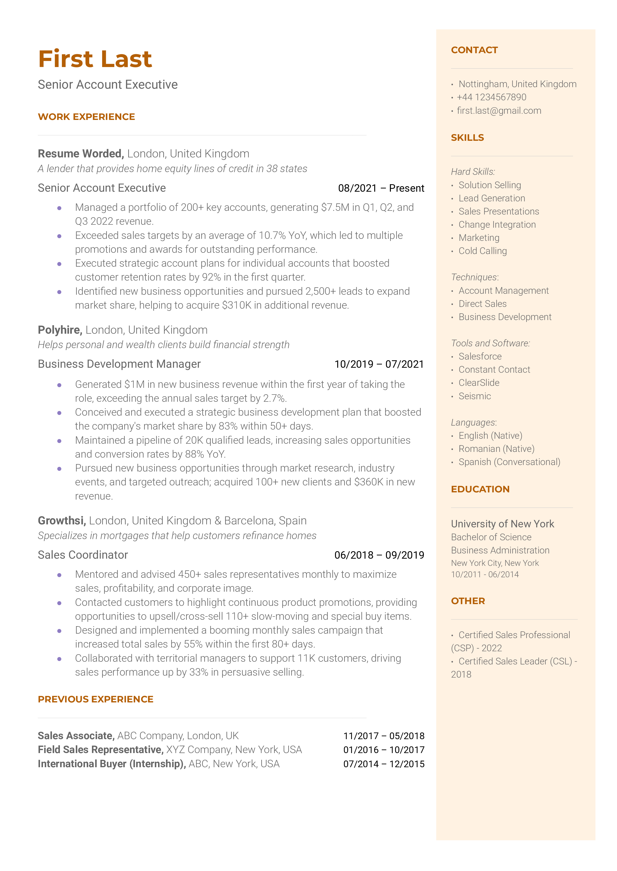 Screenshot of a Senior Account Executive's CV highlighting sales achievements and remote client management skills.
