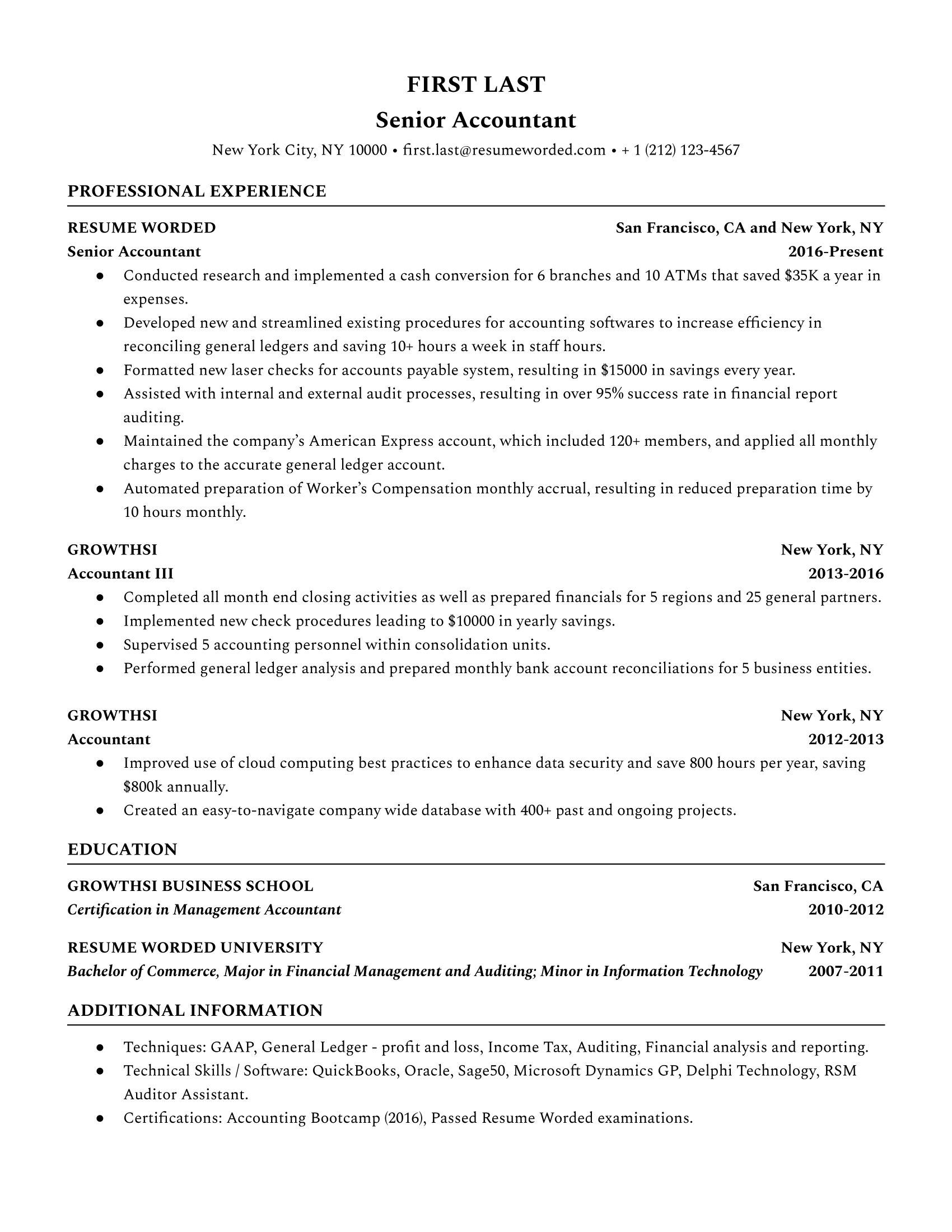 Senior accountant and accounting executive resume with hard skills section and bullet points with action verbs
