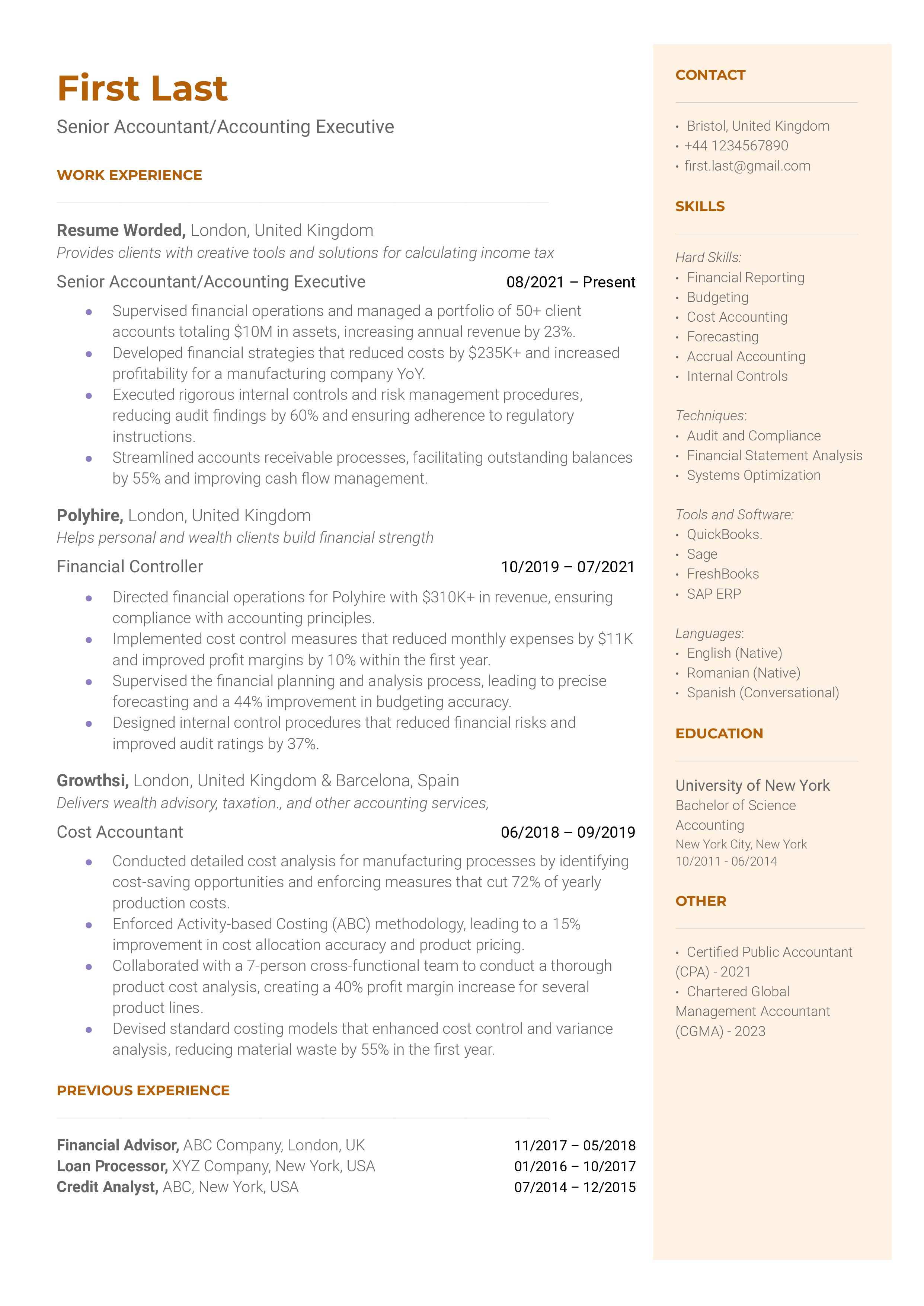 Senior Accountant's resume showcasing technical proficiency and leadership experience.
