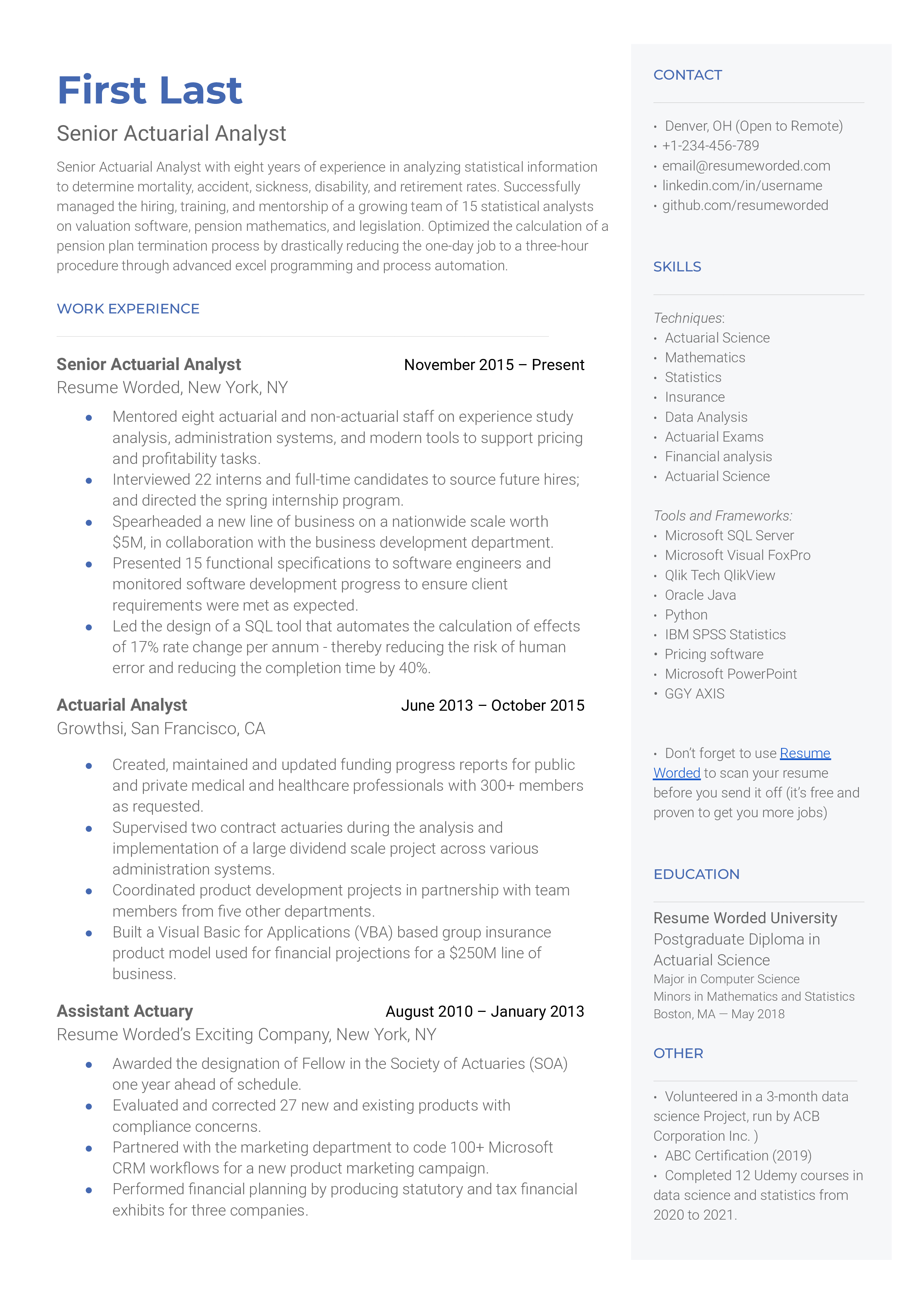A senior actuarial analyst sample resume that highlights relevant qualifications, skills, tools and techniques