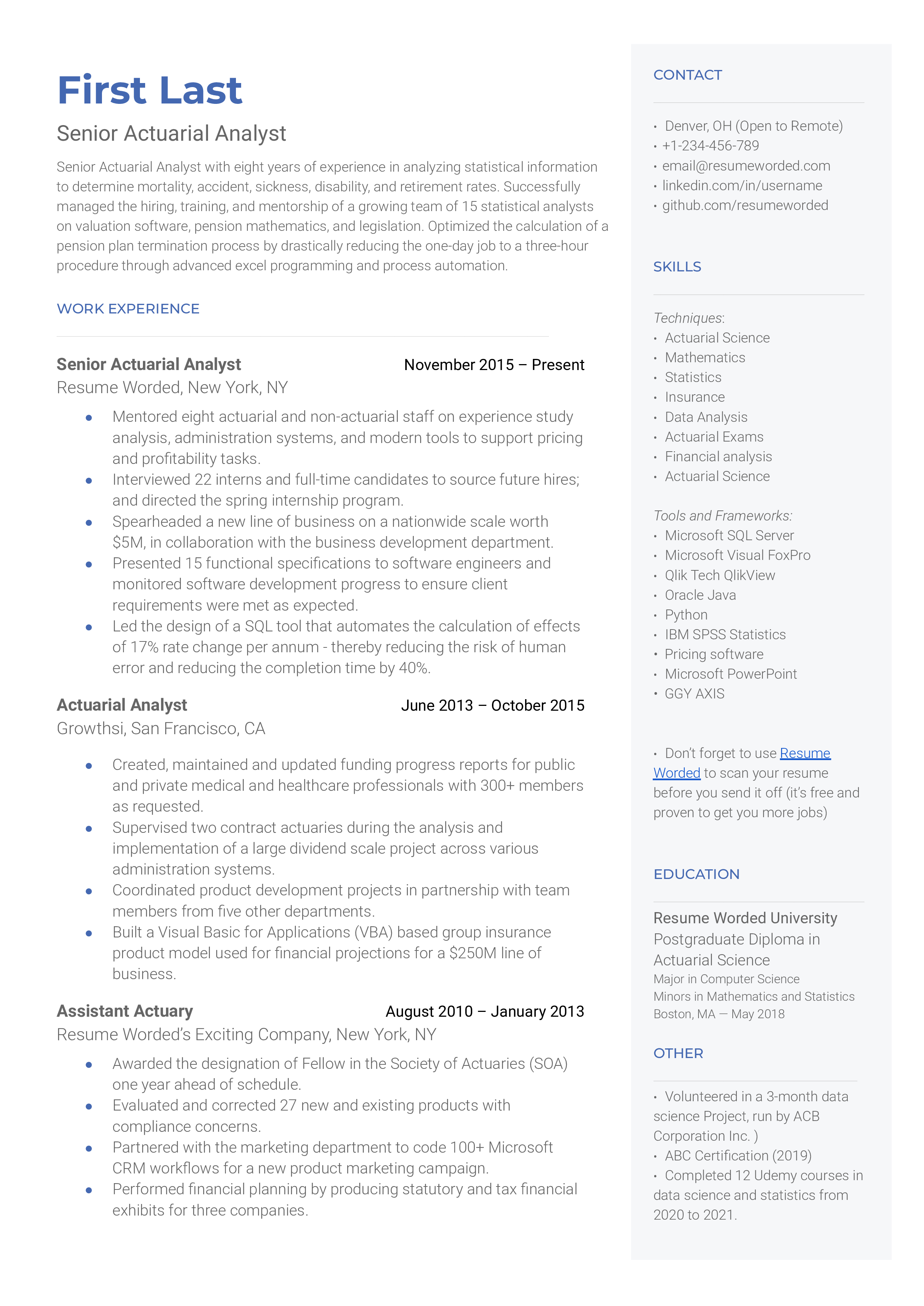 Senior Actuarial Analyst Resume Examples for 2024 Resume Worded