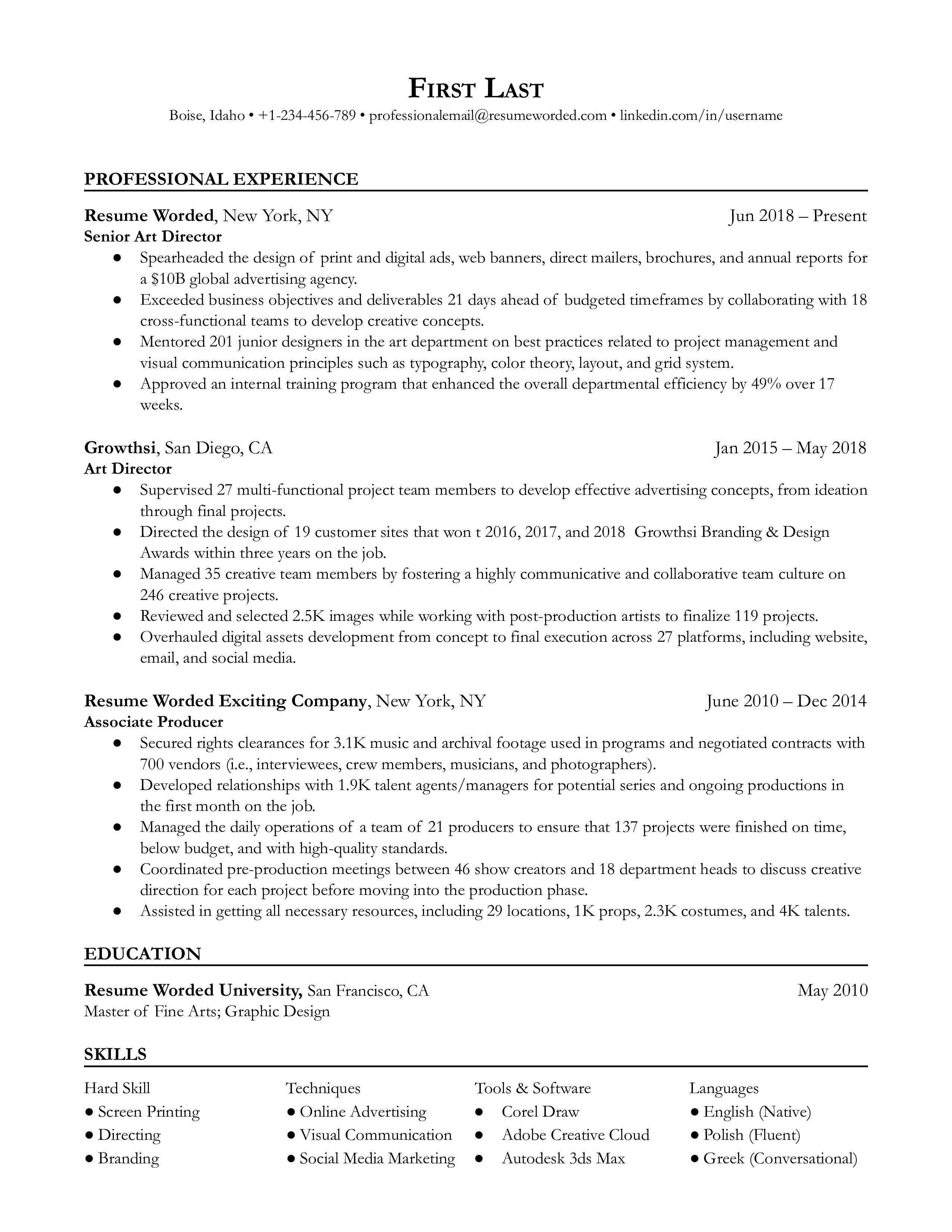 A senior art director’s resume sample that highlight’s the applicant’s leadership experience and communication skills.