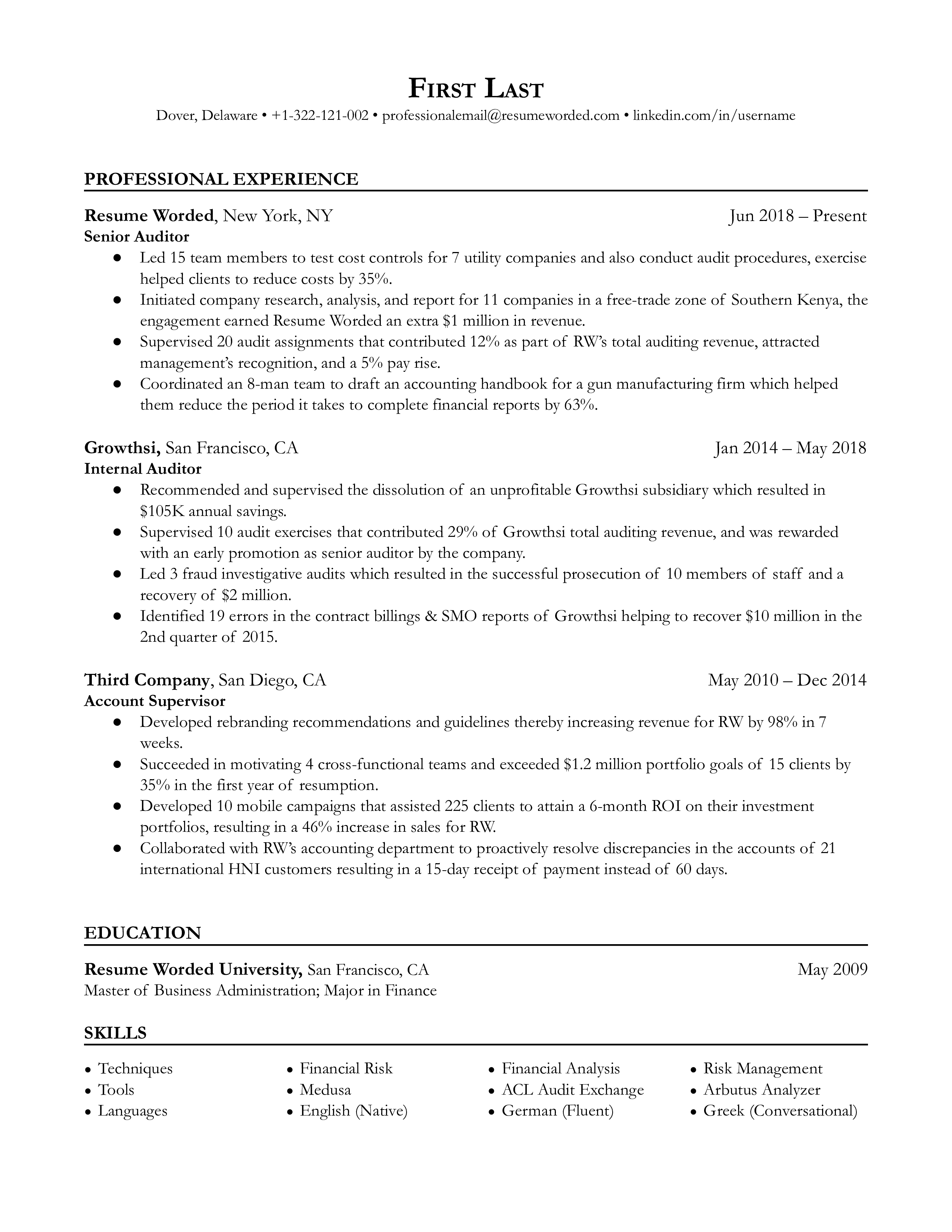A senior auditor resume sample that highlights applicant's managerial and auditor experience.