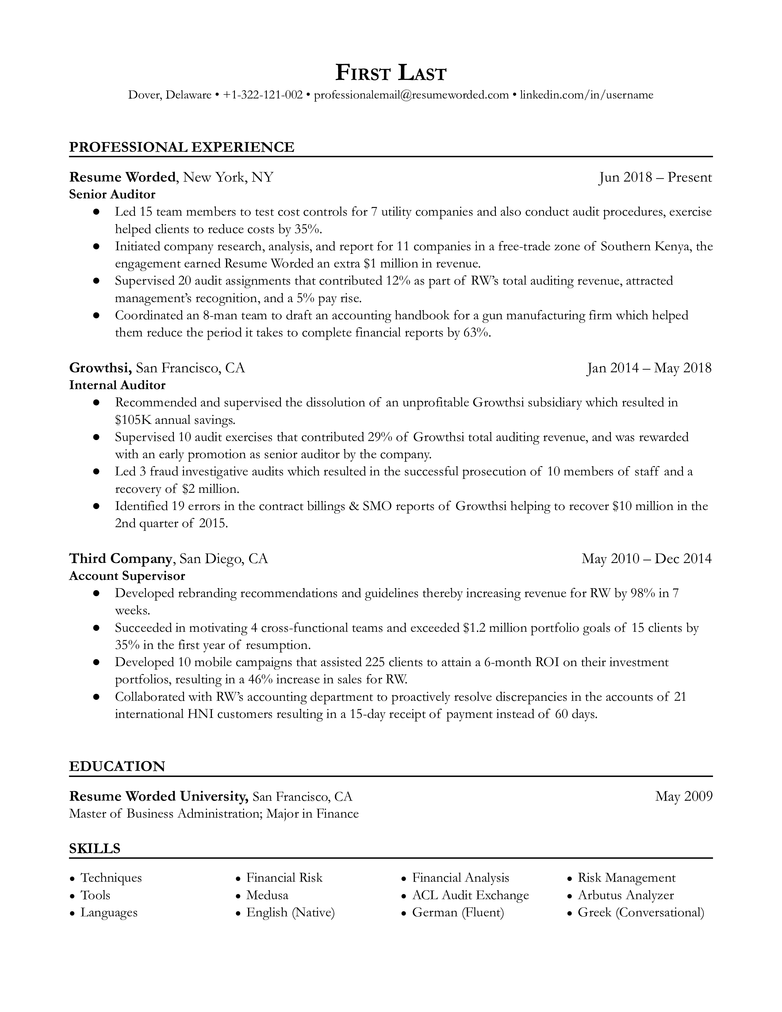 Senior Auditor Resume Sample