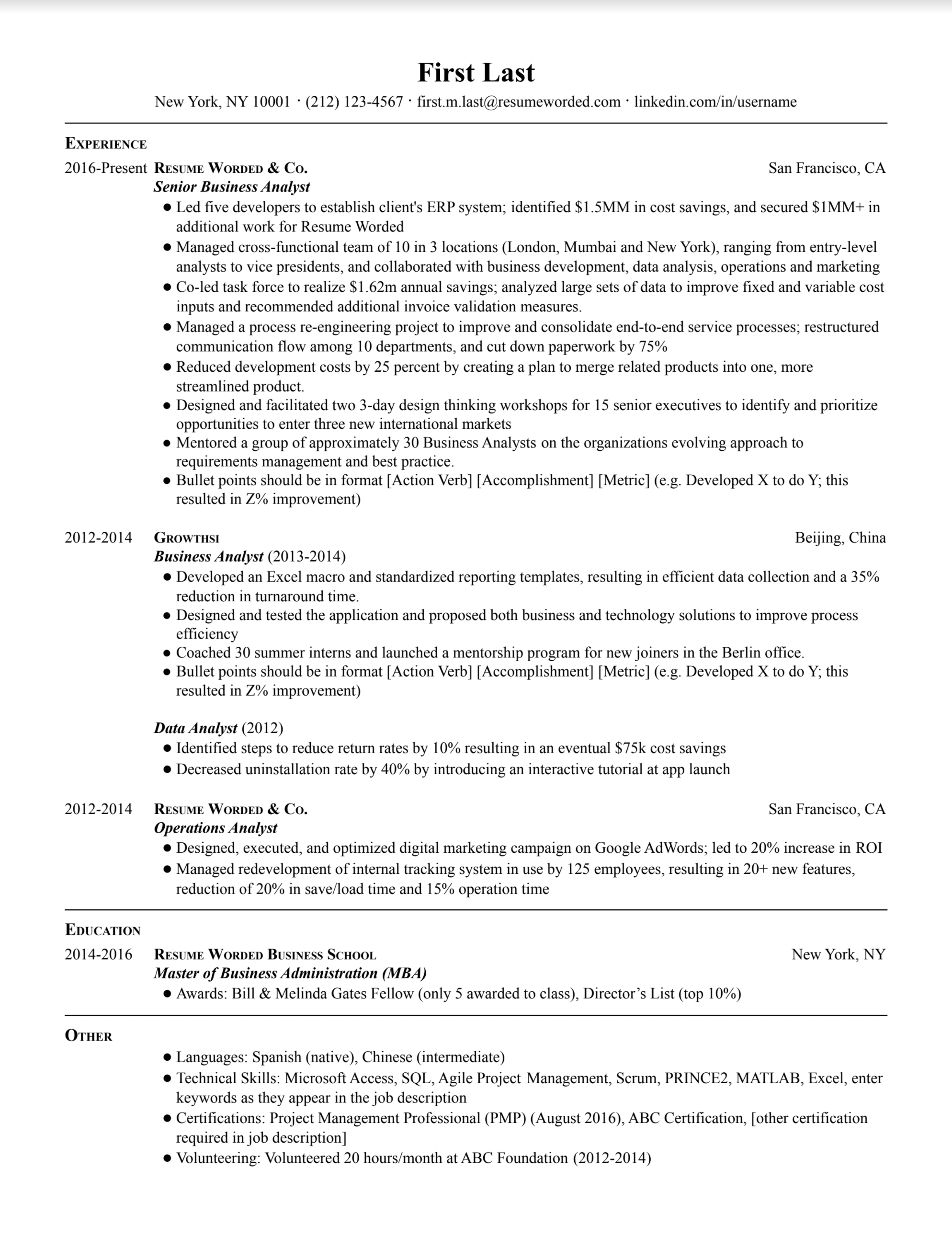 Senior Business Analyst CV showcasing business acumen and project management skills.