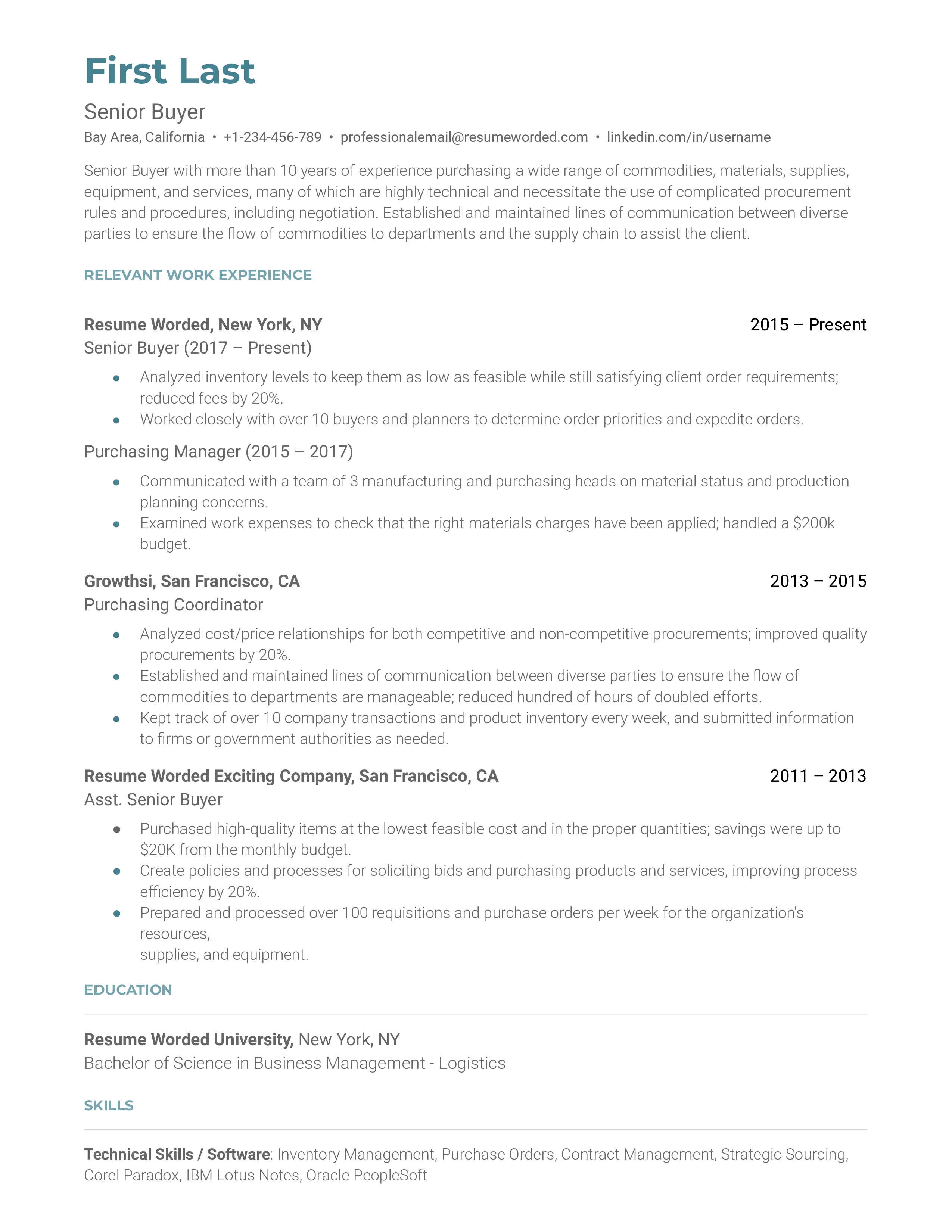 A senior buyer resume template that breaks its work history into several bullet points
