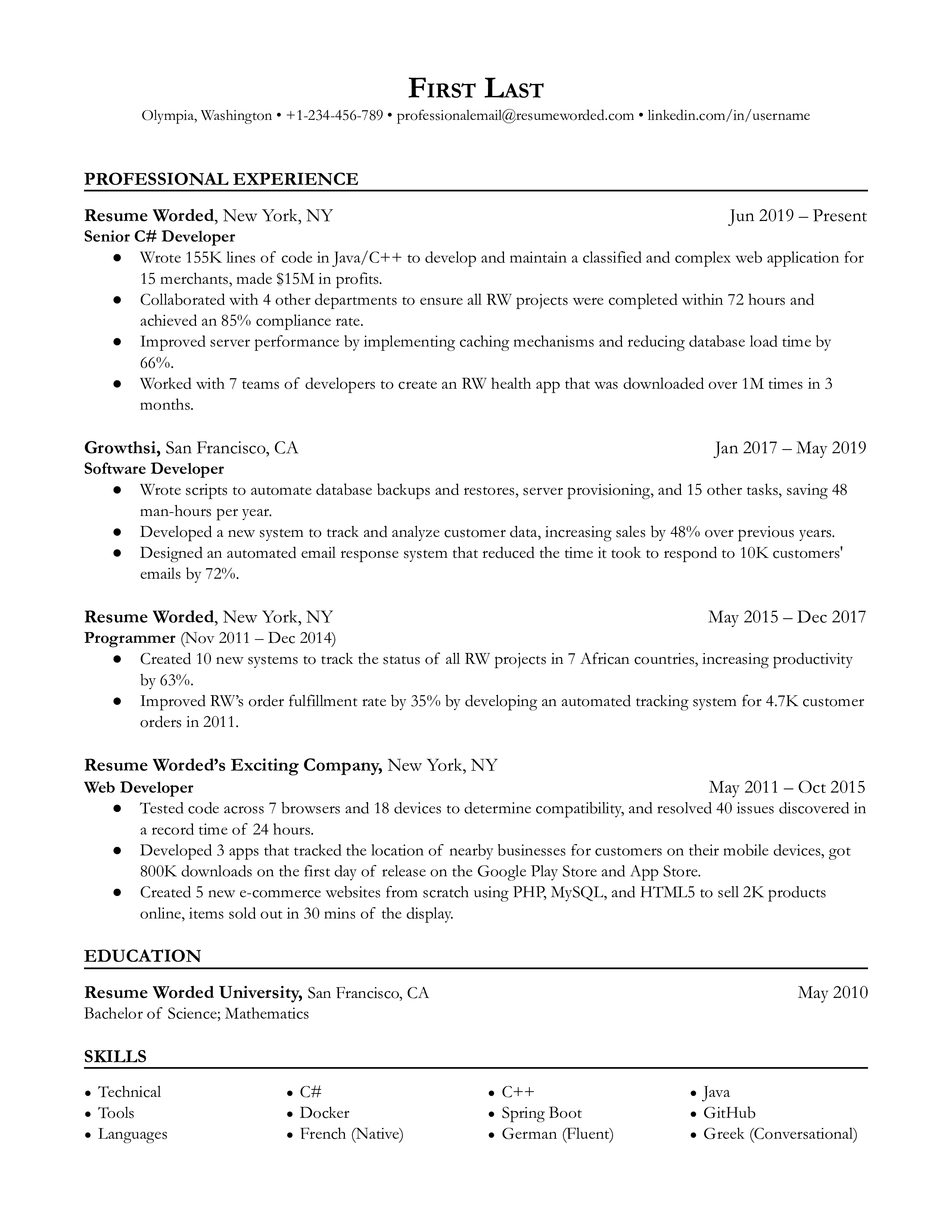 Senior C# developer resume examples