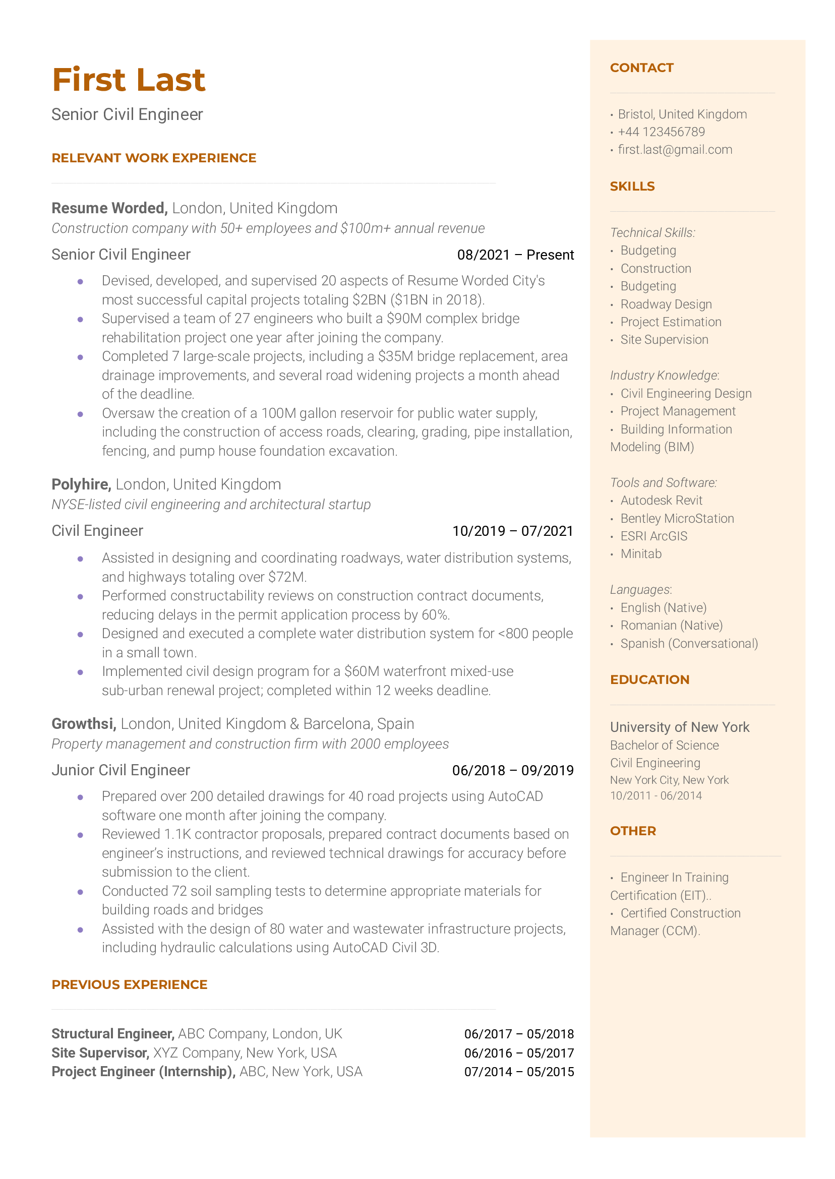 A senior civil engineer resume sample that highlights the applicant’s career progression and  years of experience.