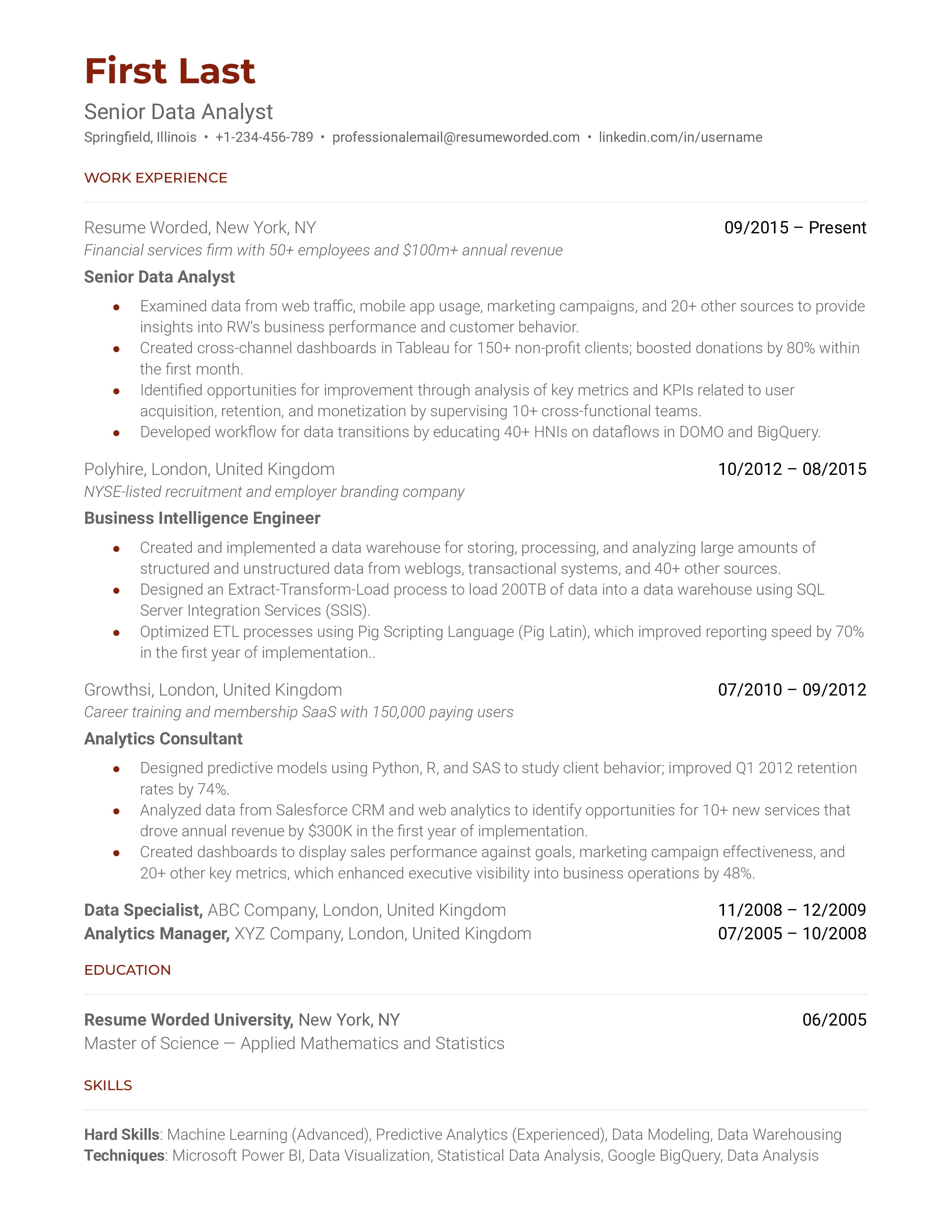A CV for a Senior Data Analyst highlighting analytical, visualization and machine learning skills.