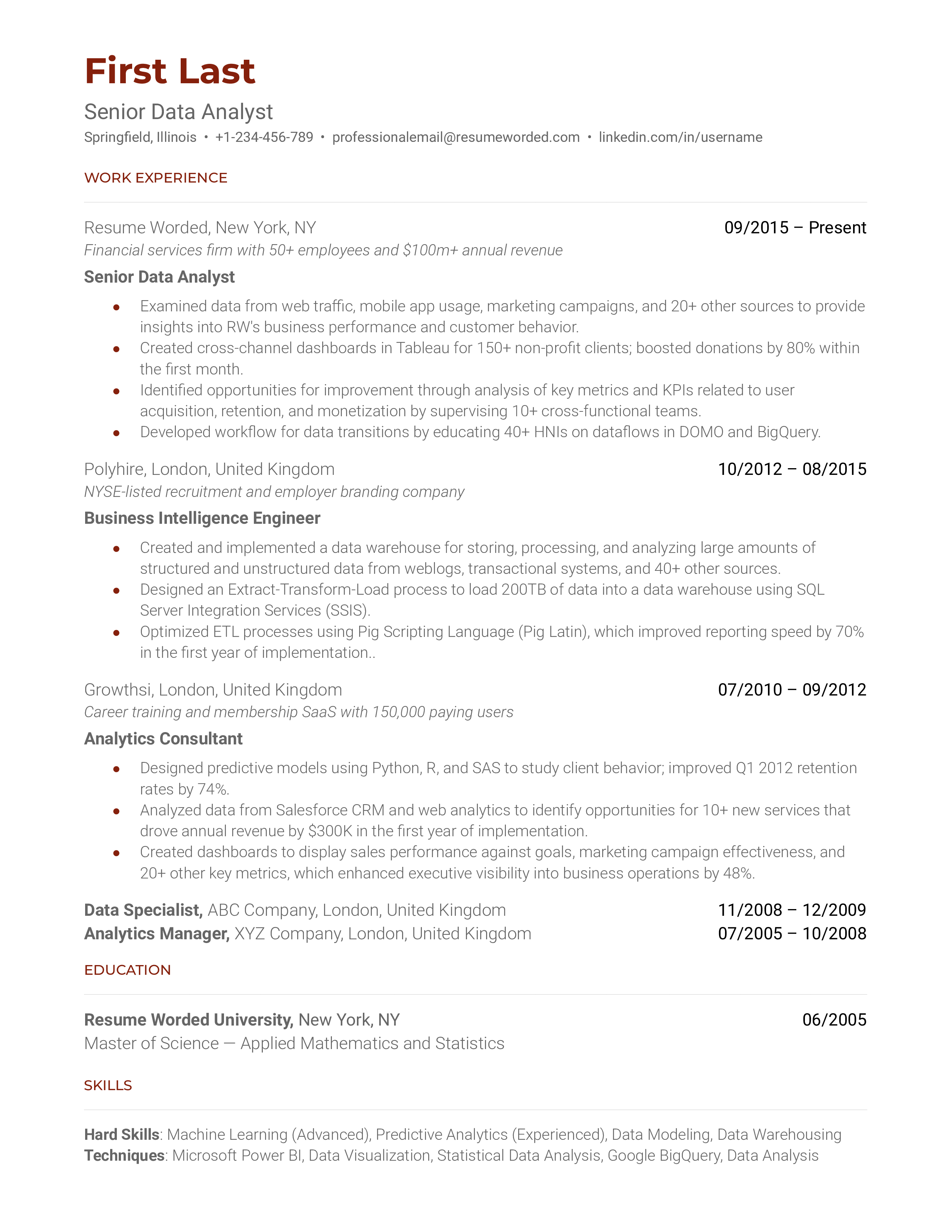 Senior Data Analyst Resume Example For 2023 Resume Worded