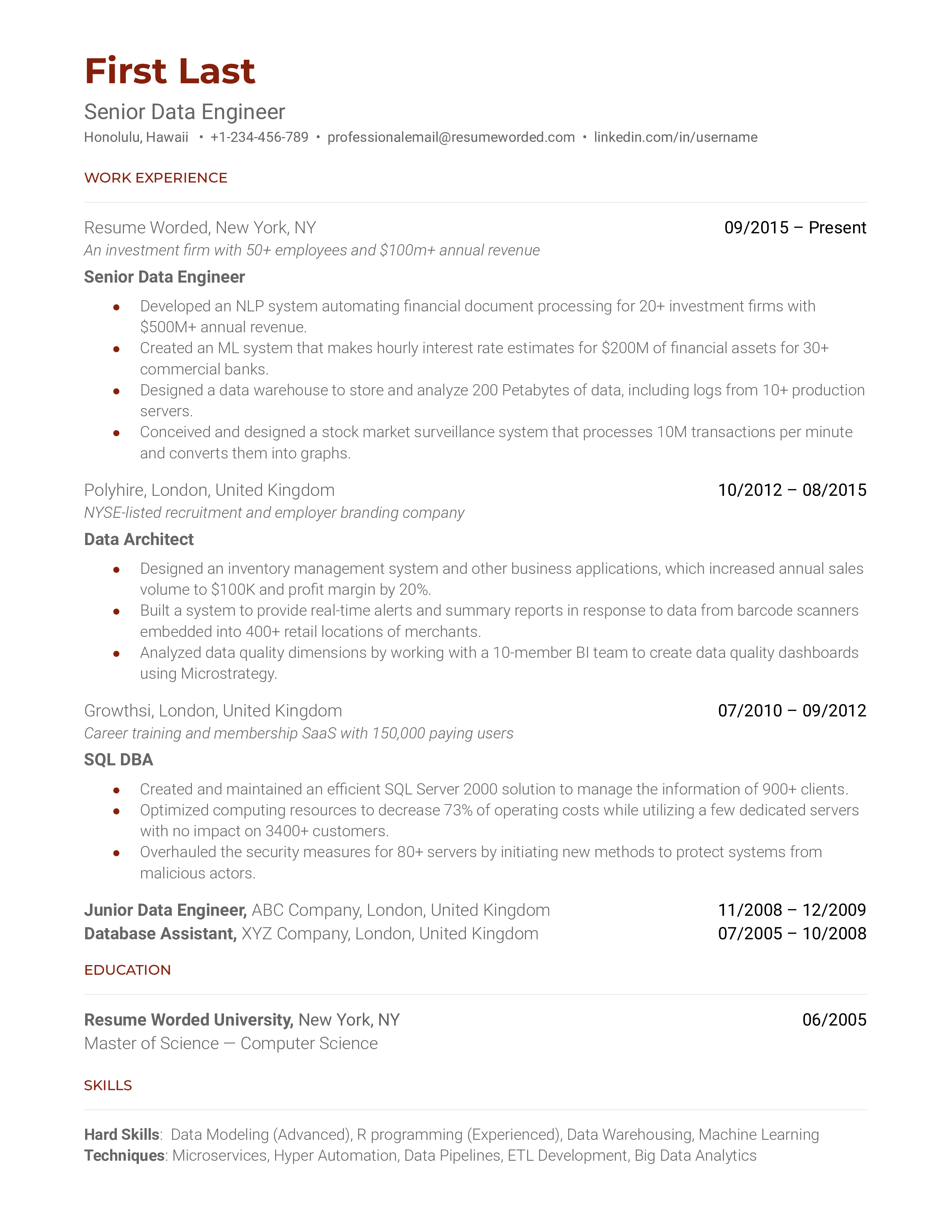 Senior data engineer CV showcasing technical skills and project impacts.