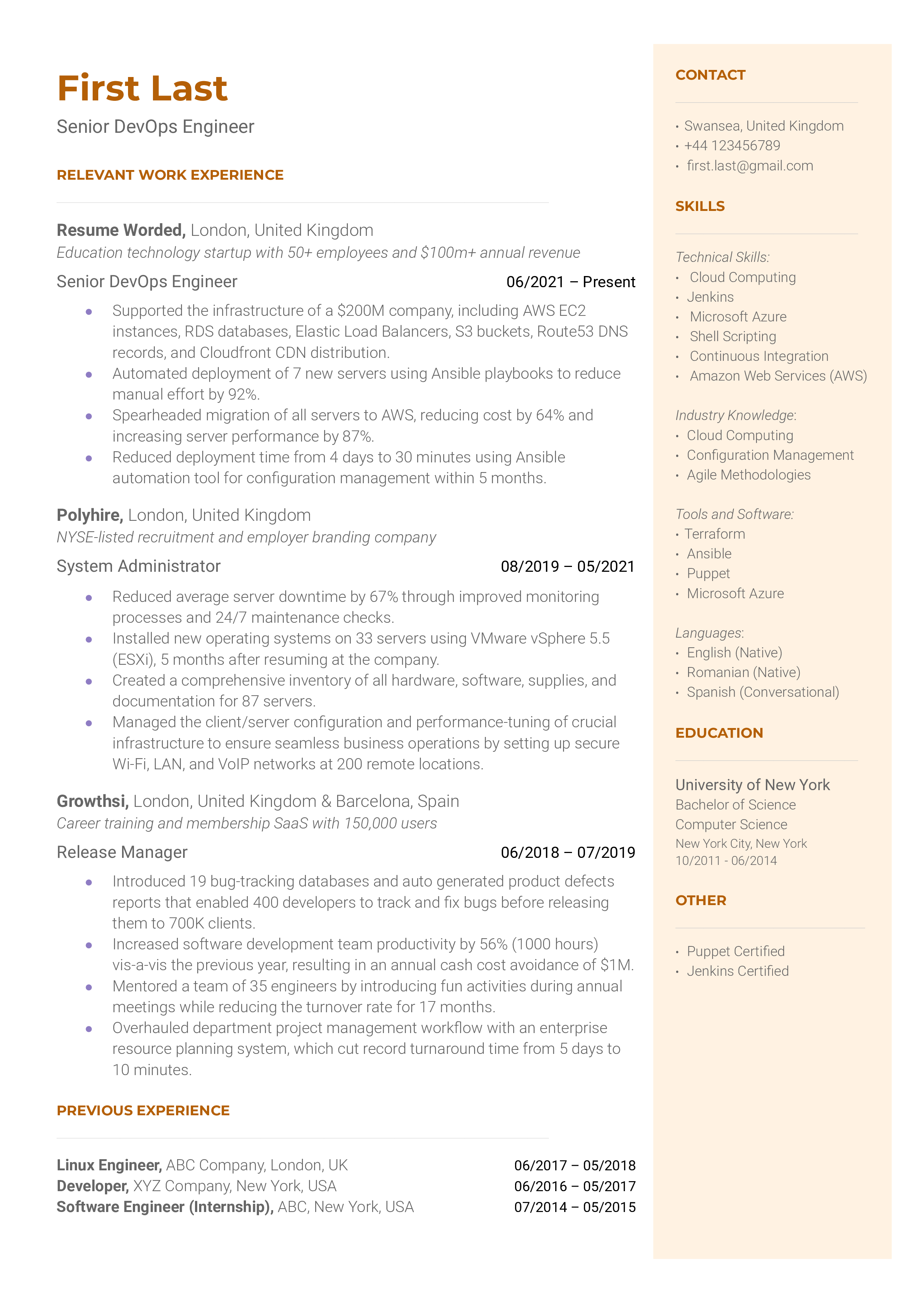 A senior DevOps engineer resume sample that highlights the applicant’s strong skills section and career progression.