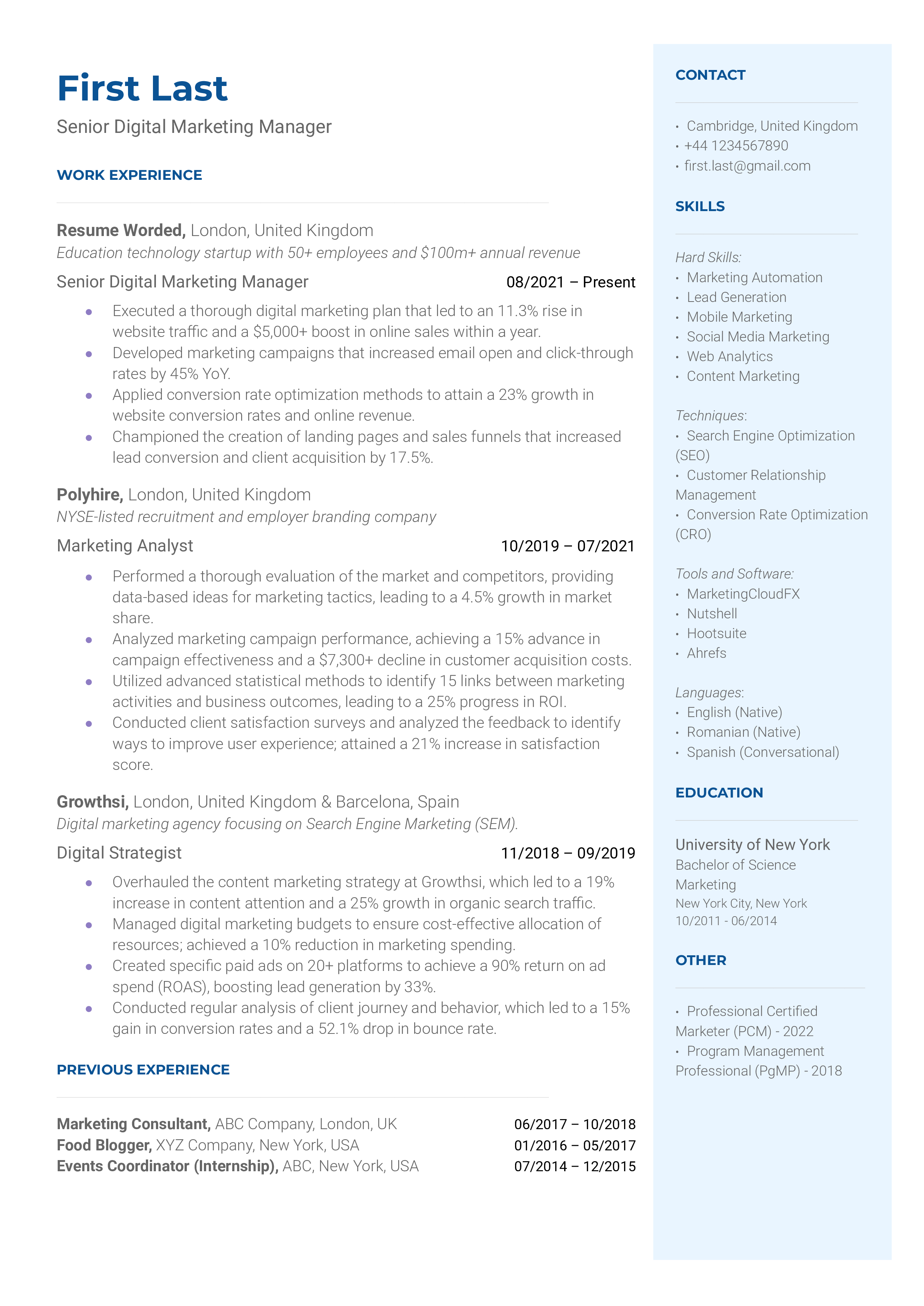 Professional resume of a Senior Digital Marketing Manager highlighting analytical and leadership skills.