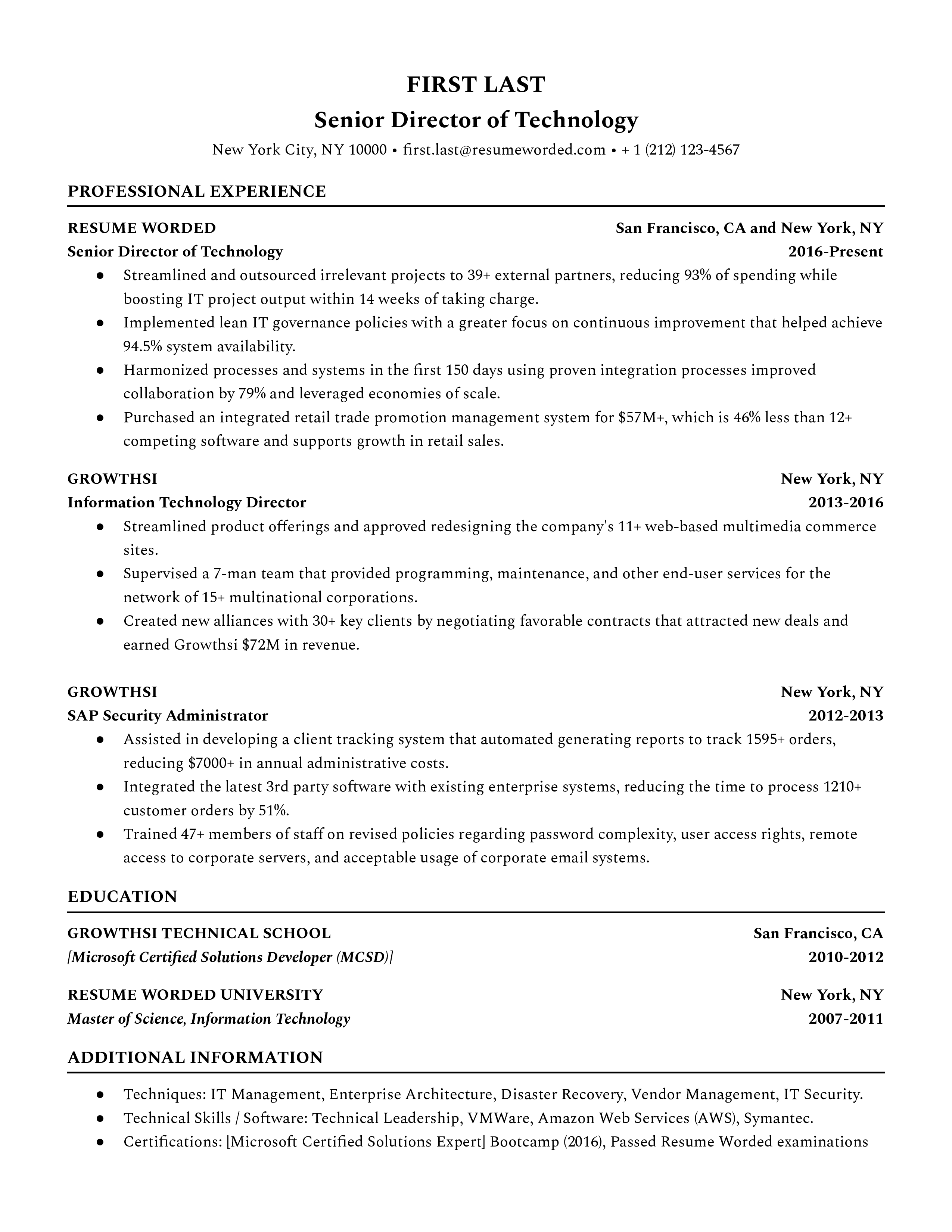 A senior director of technology resume template using strong action verbs