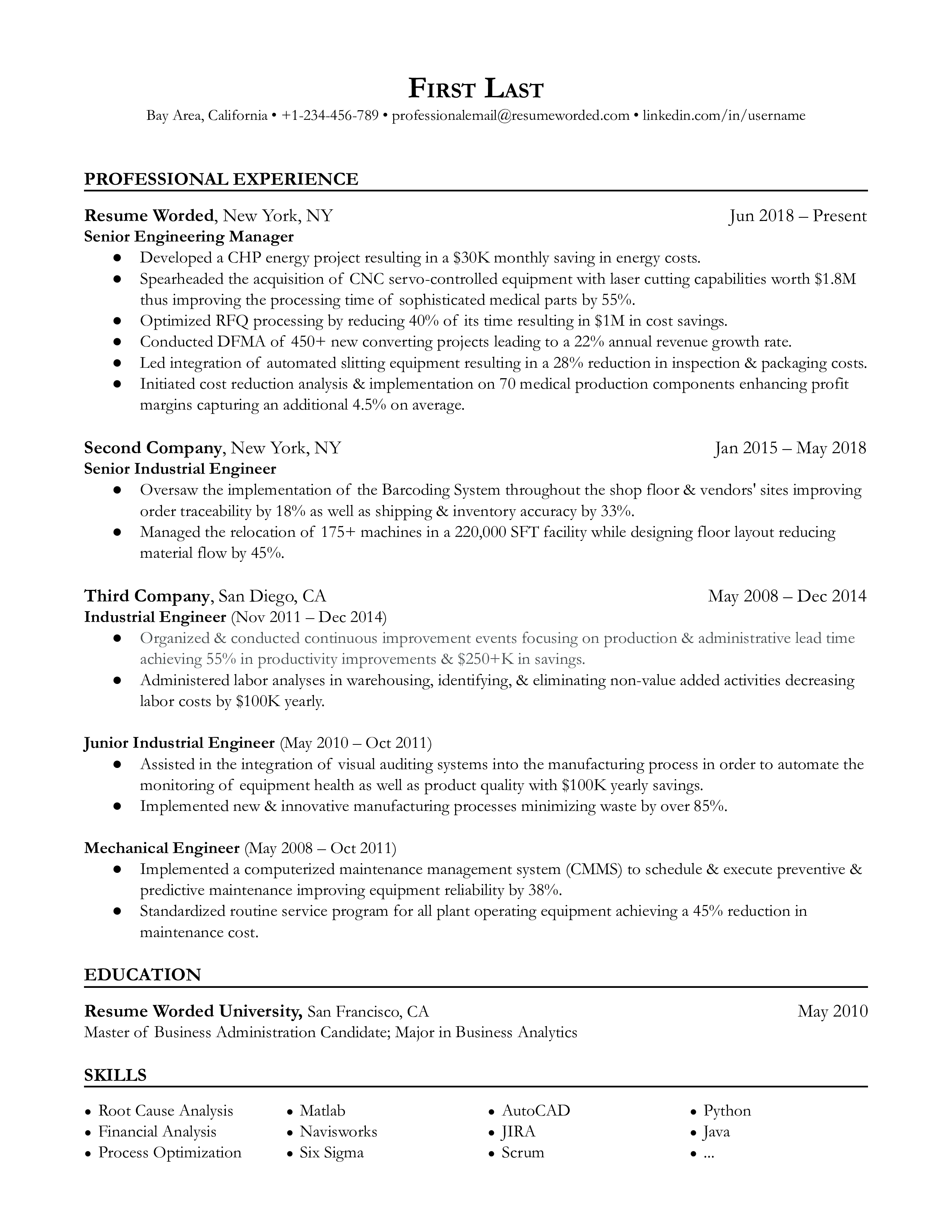 A CV screenshot for a Senior Engineering Manager role showing strategic project leadership and advanced technical skills.
