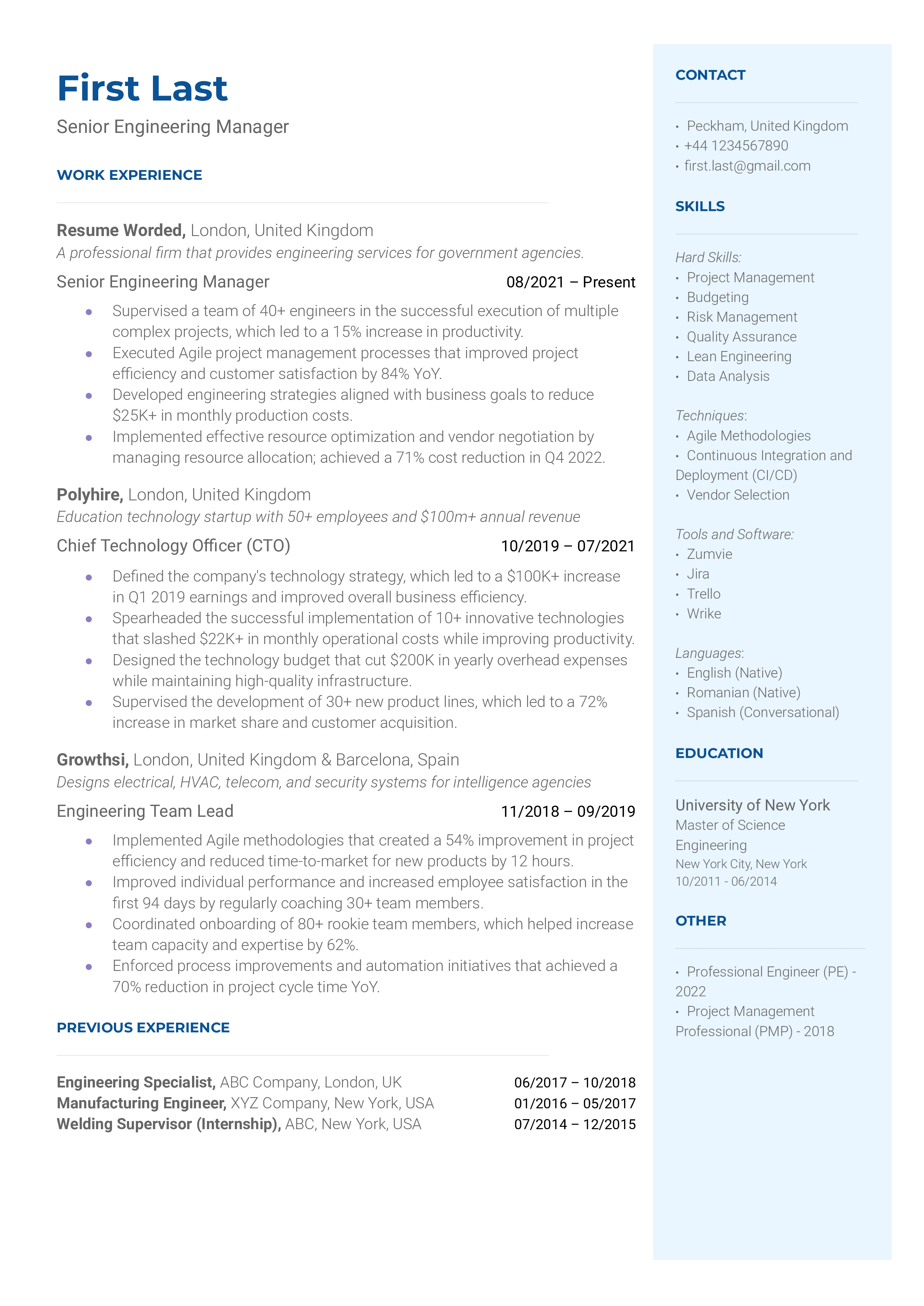 Senior Engineering Manager's CV showcasing leadership and technical expertise.
