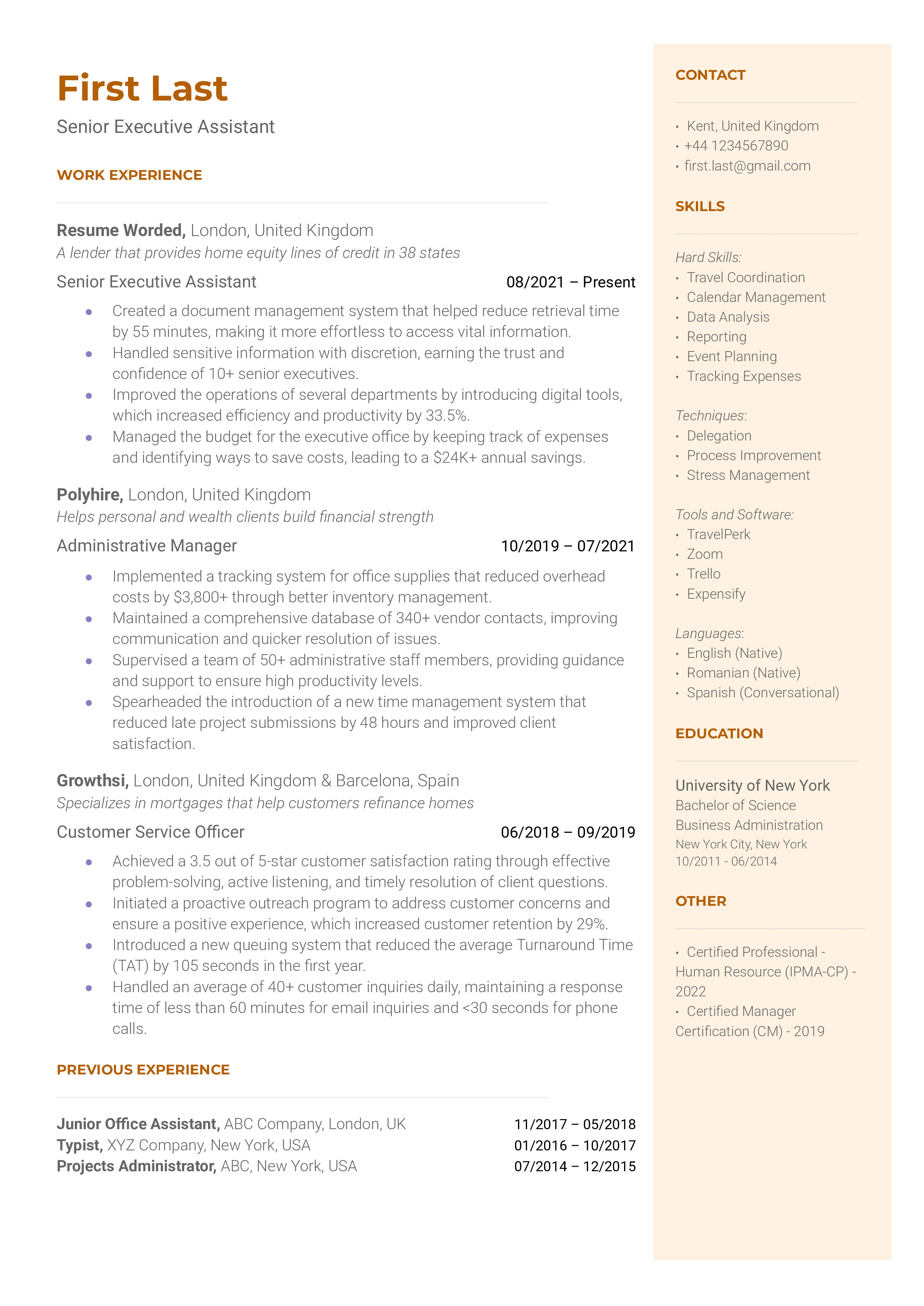 A resume for a Senior Executive Assistant emphasizing tech skills and problem-solving experiences.