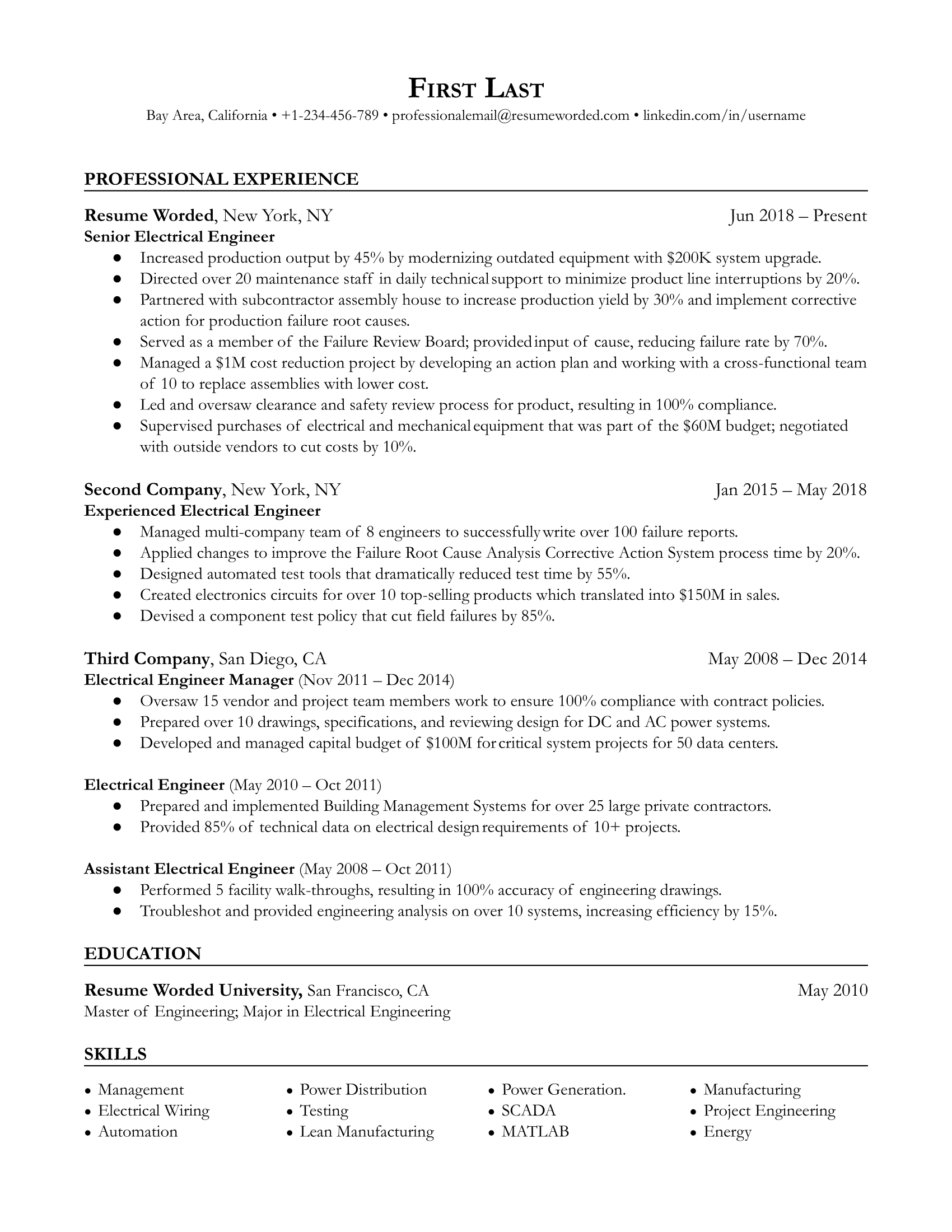 Senior electrical engineer resume with past promotions and management action verbs