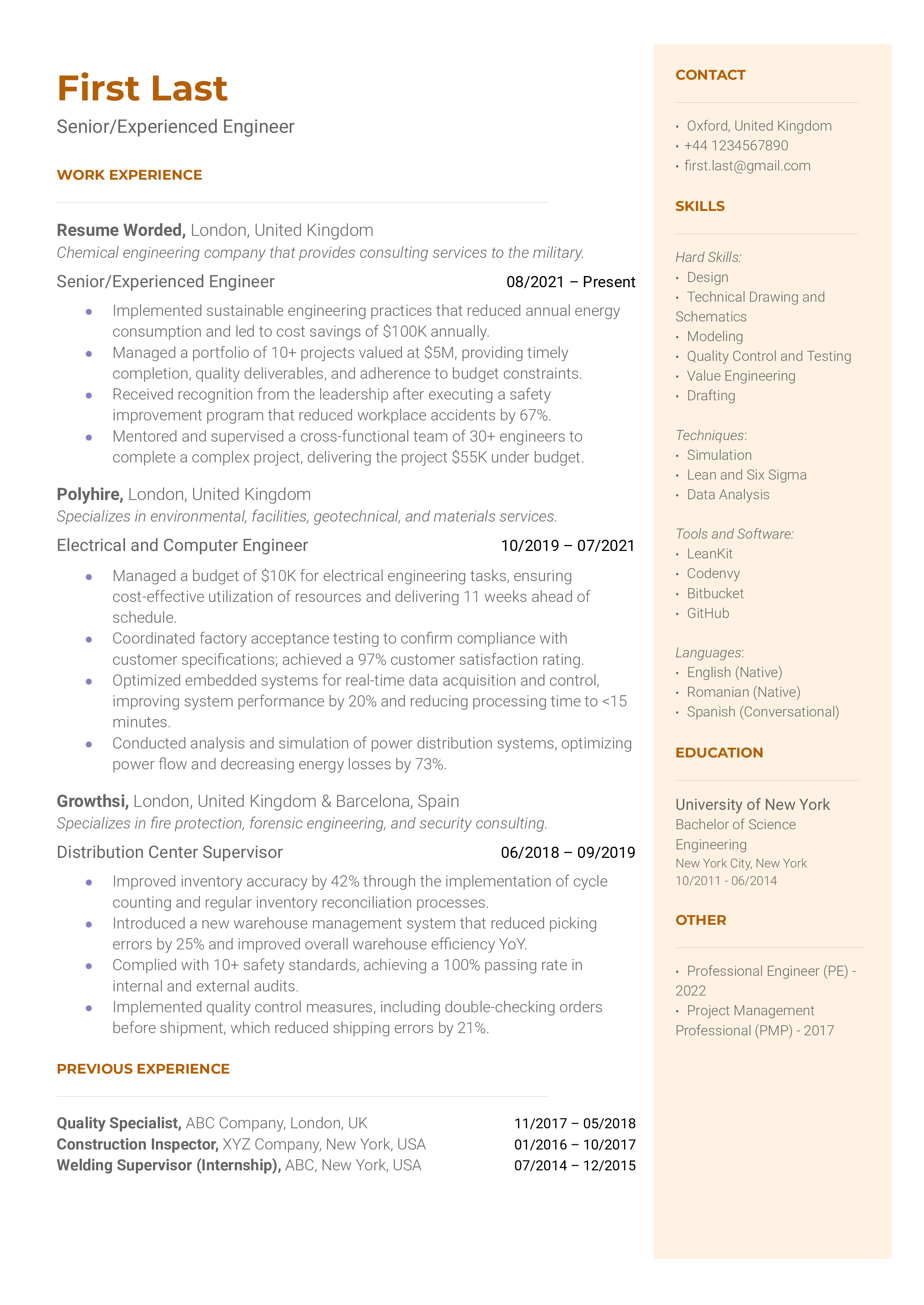 A well-structured CV of a seasoned engineer showcasing leadership and adaptability.
