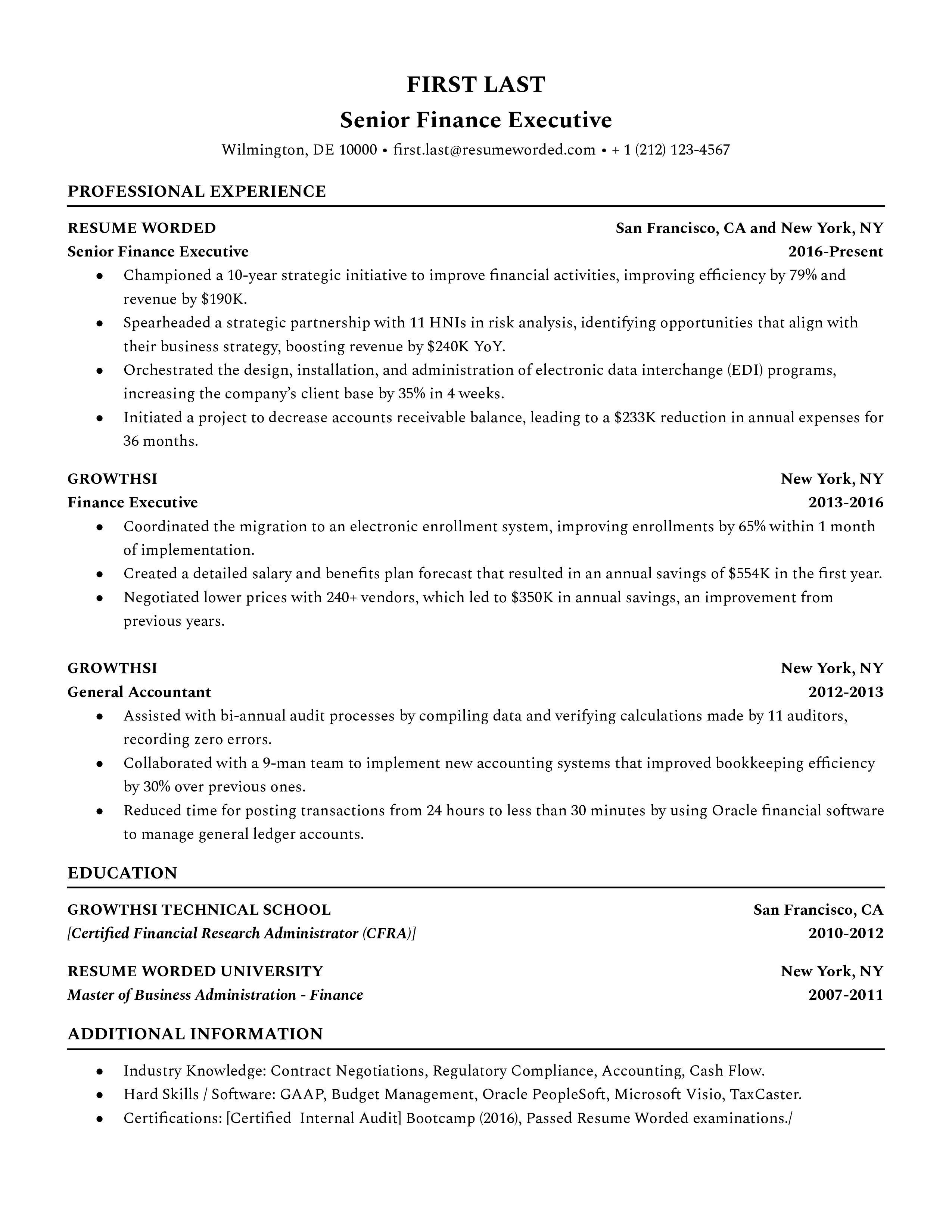 Screenshot of a resume for a Senior Finance Executive role focusing on strategic skills and technical proficiency.
