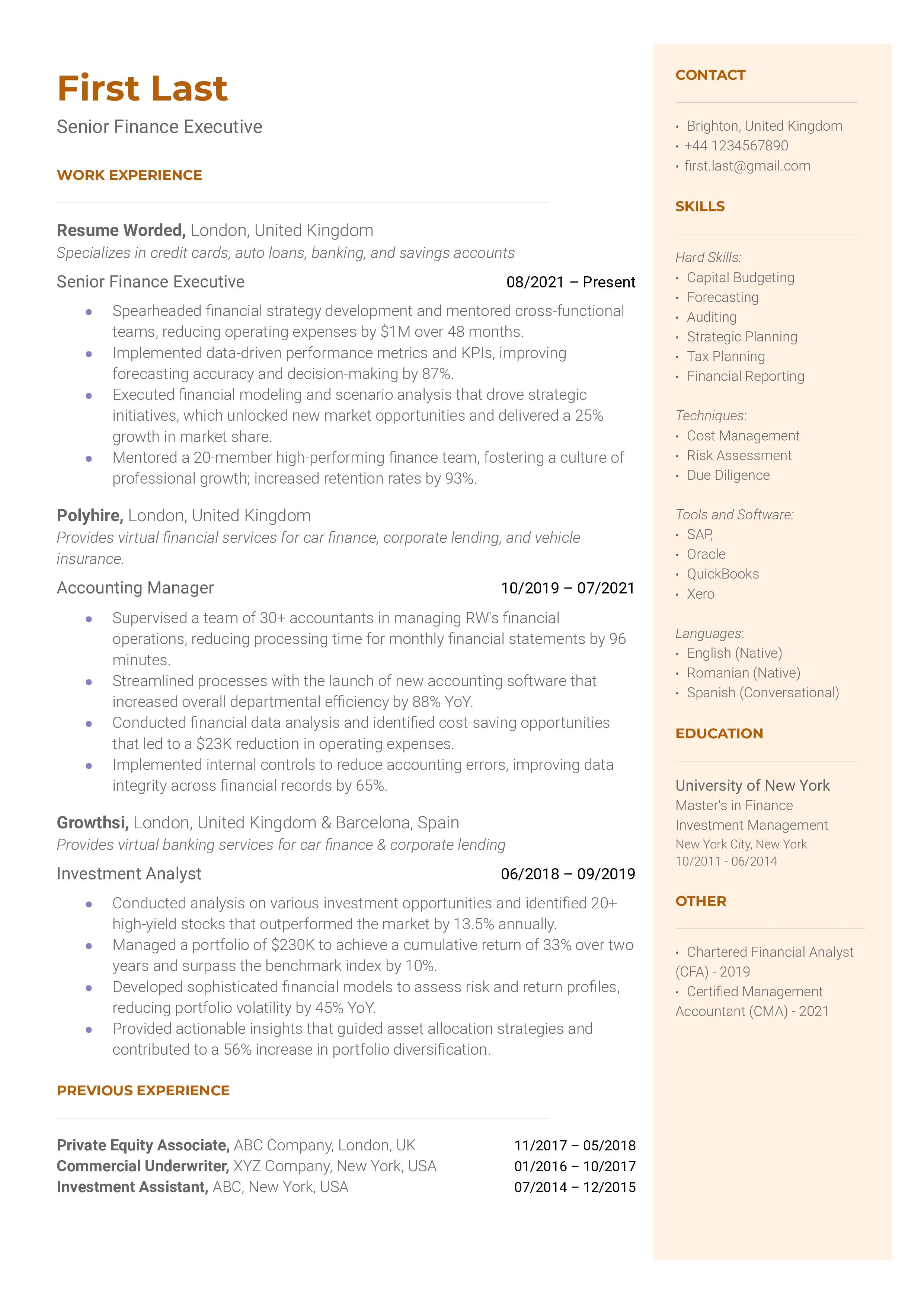 A well-structured CV for a Senior Finance Executive role.
