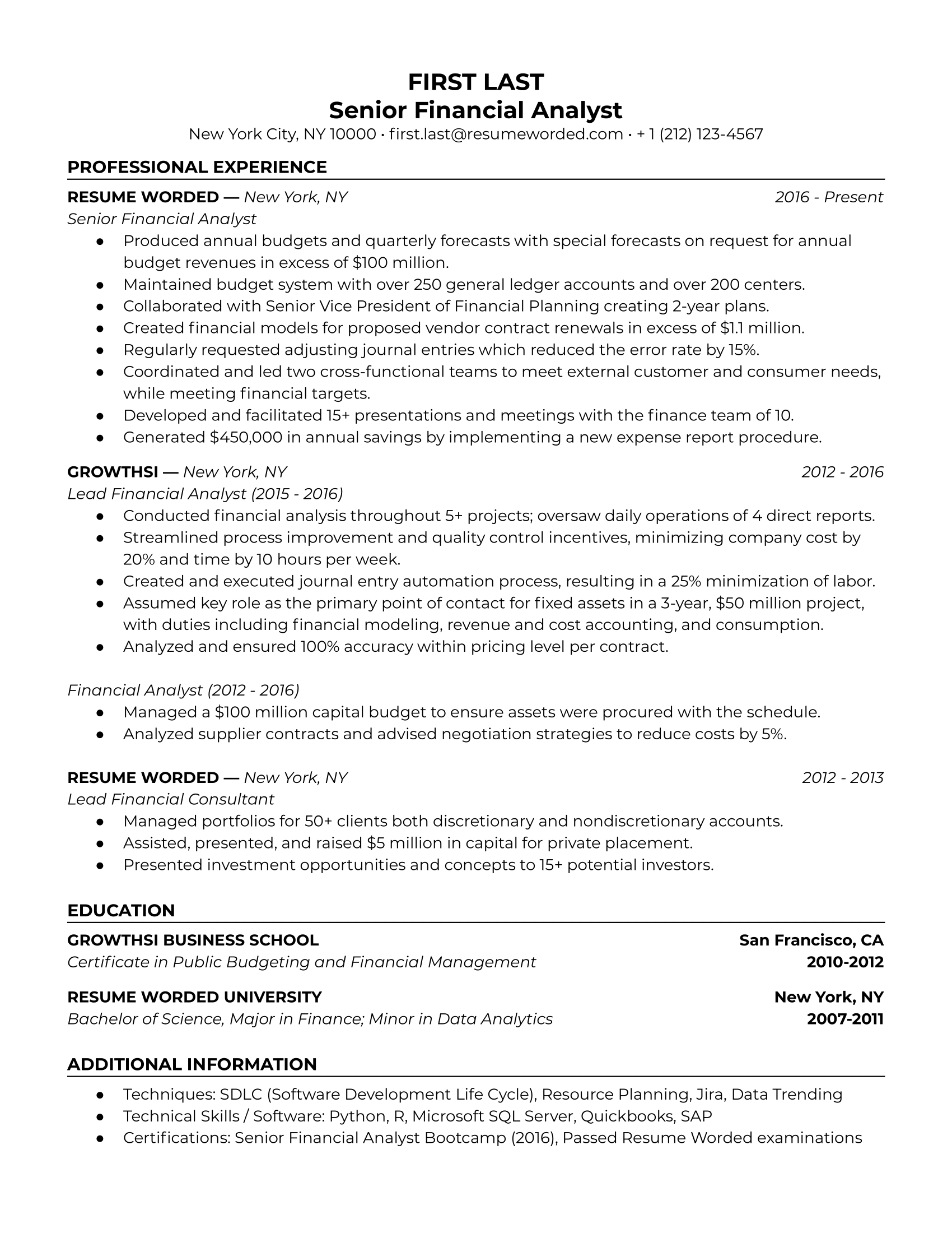 Senior financial analyst resume with relevant work history and past promotions
