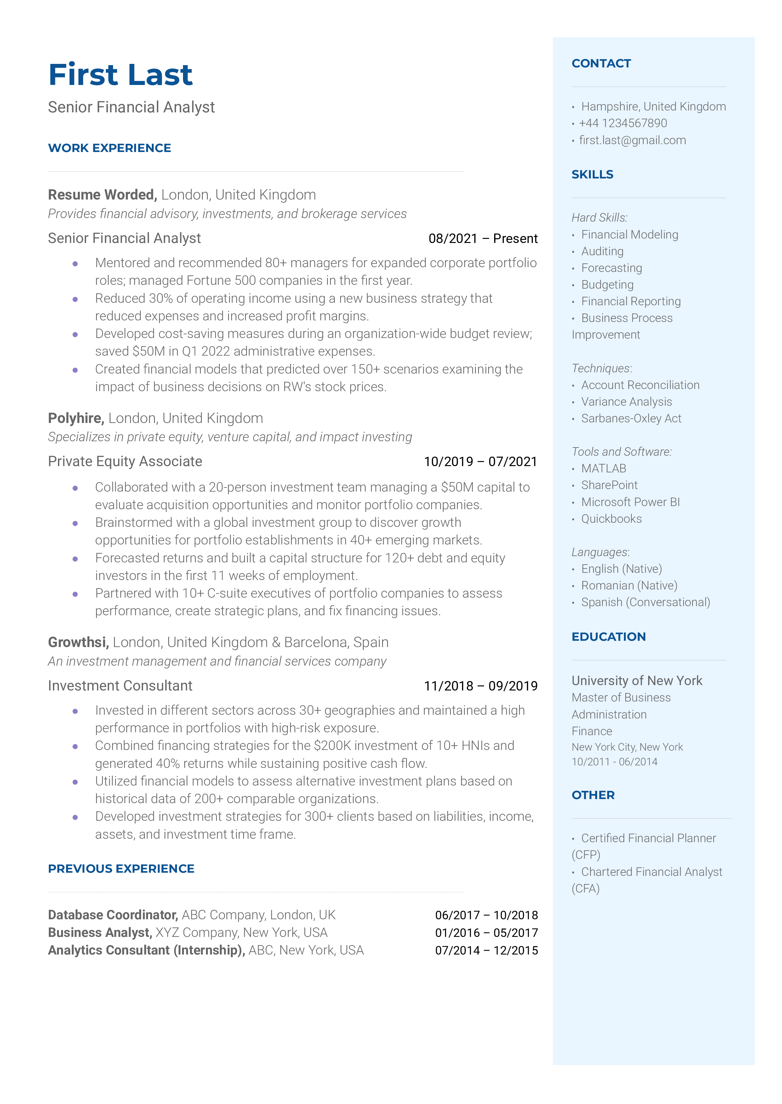 A targeted CV demonstrating the qualifications and skills of a Senior Financial Analyst.