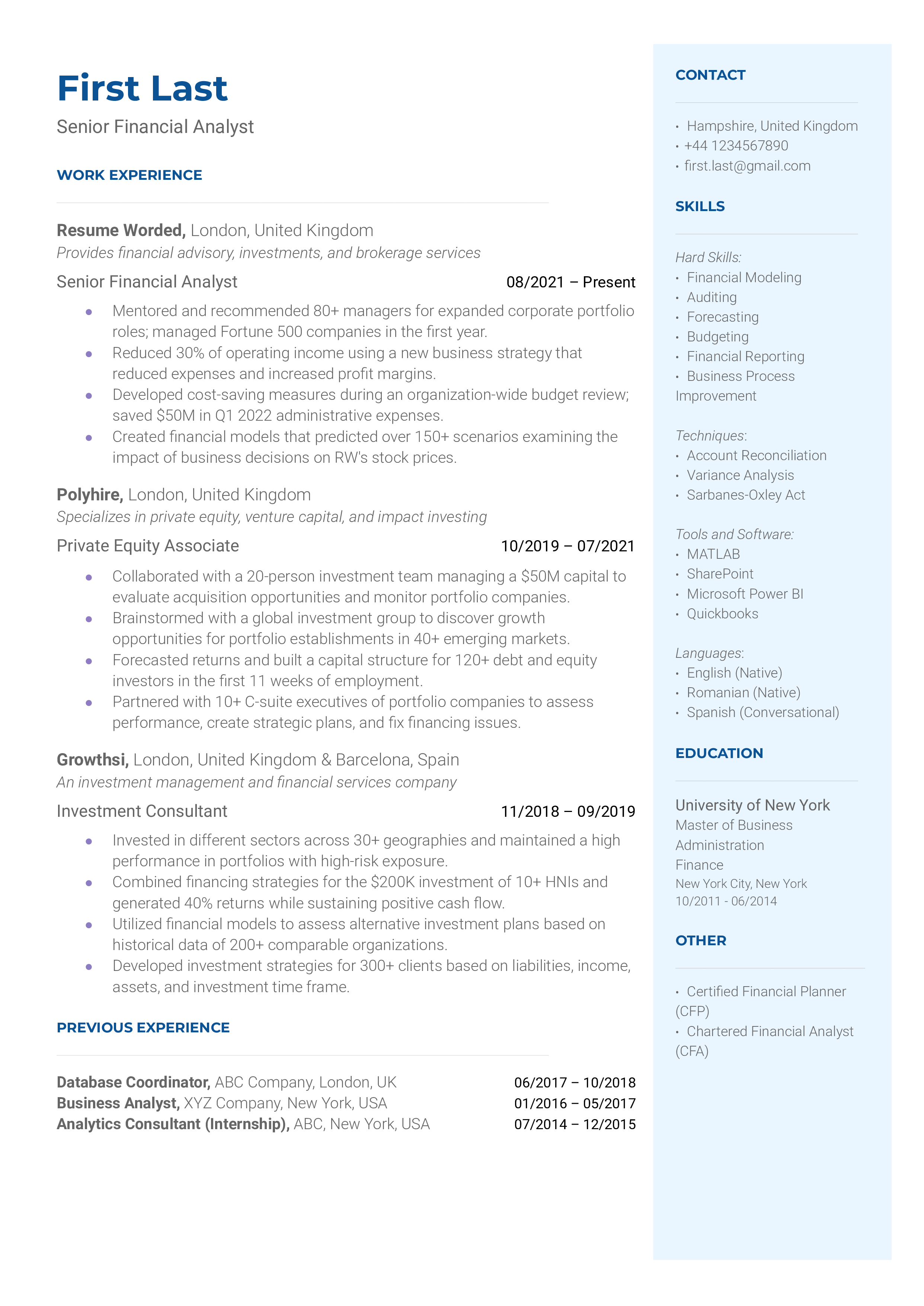 Senior Financial Analyst Resume Sample