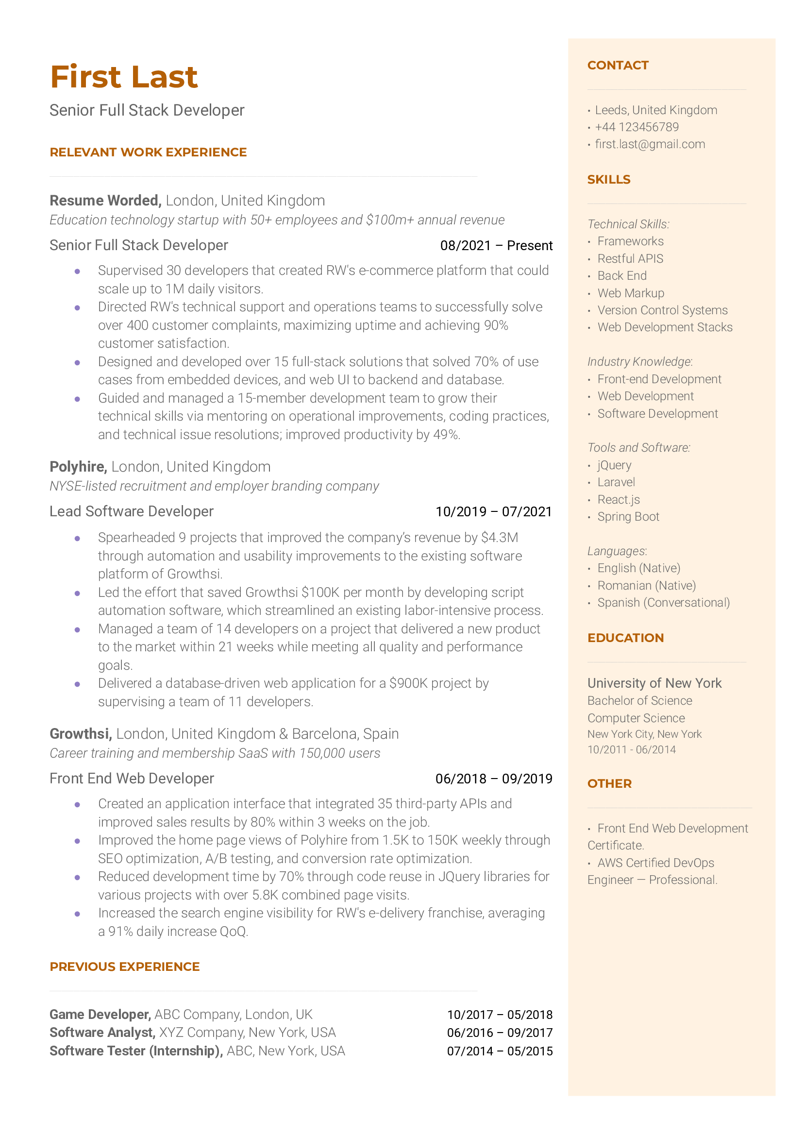 A senior full-stack developer resume sample that highlights the applicant’s qualifications and strong software developer background.