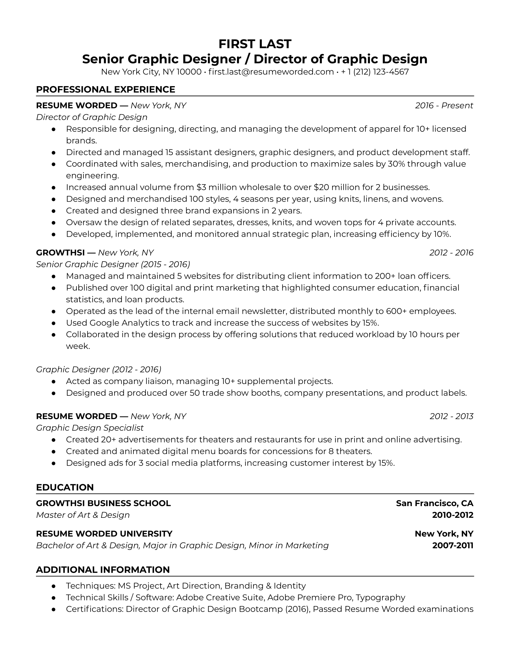 Senior graphic designer/graphic design director resume template example highlighting career growth through promotions