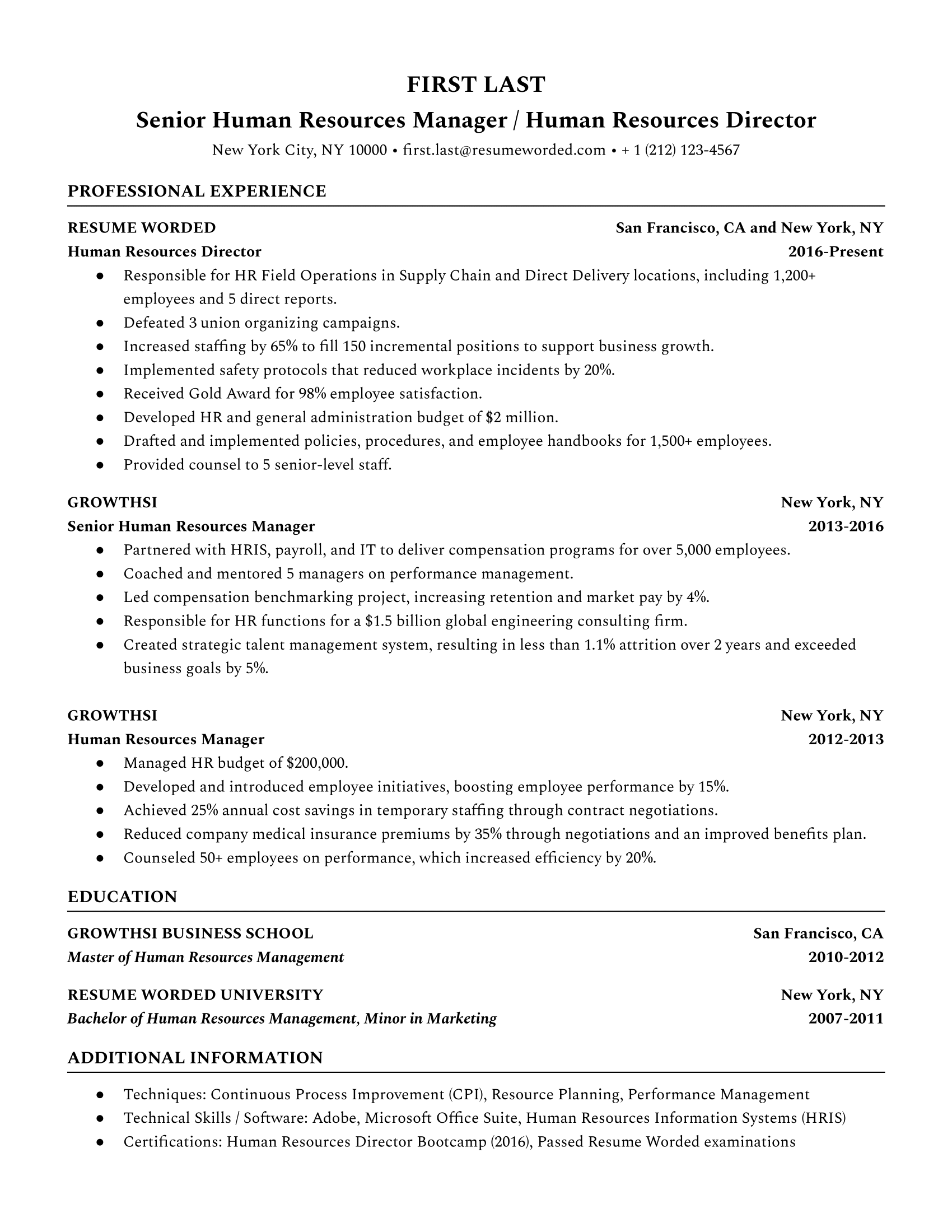 Senior human resources manager or human resources director resume with measurable accomplishments, strong action verbs, and leadership experience
