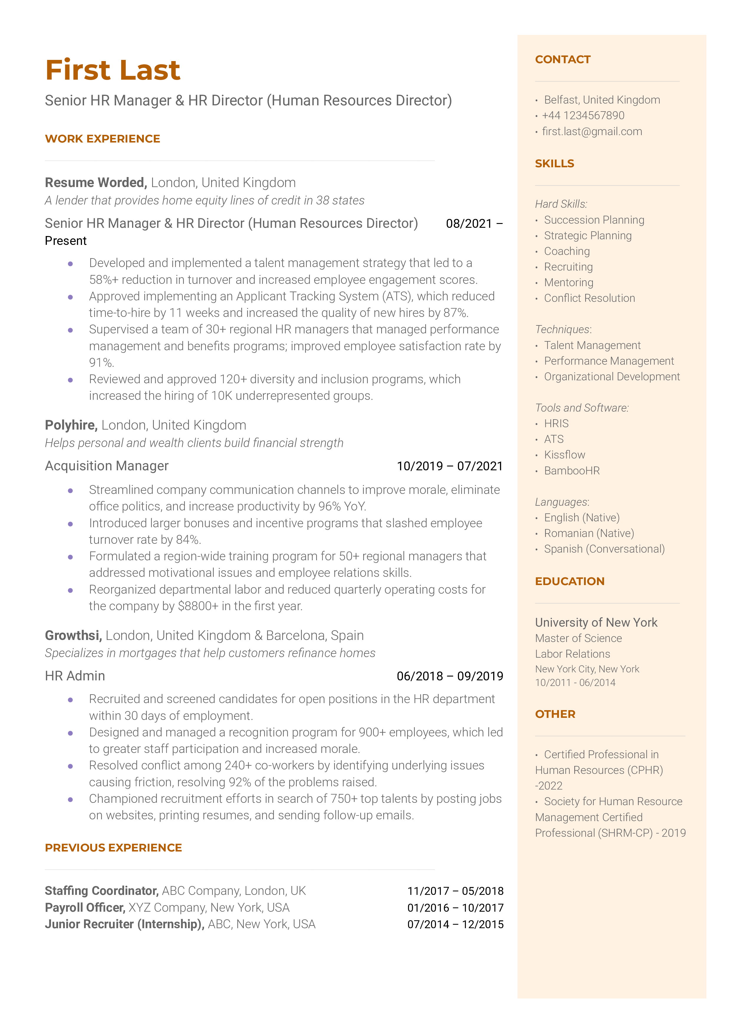 Alt text: A CV of a Senior HR Manager showcasing strategic contributions and leadership abilities.