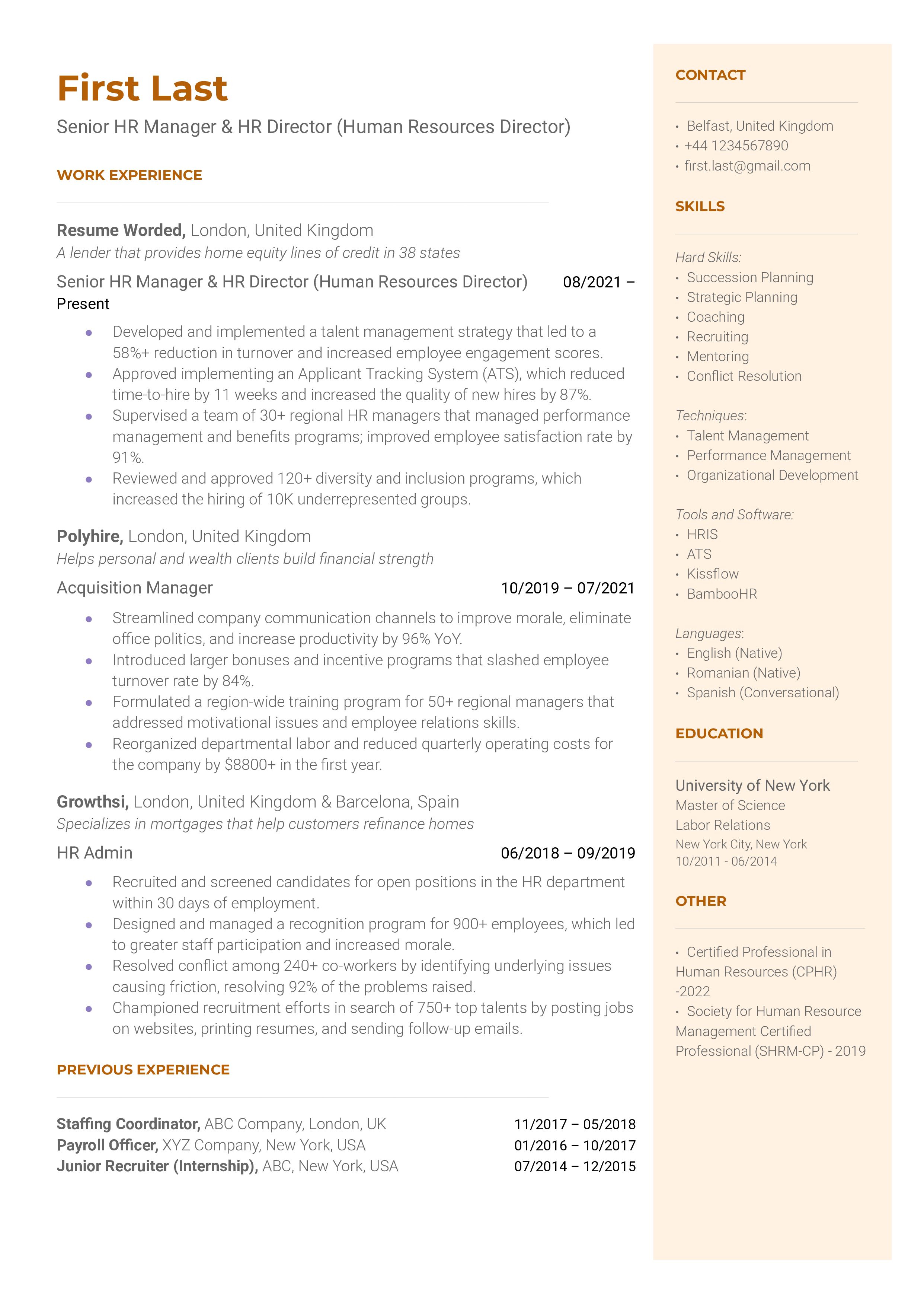 Senior HR Manager & HR Director (Human Resources Director) Resume Sample