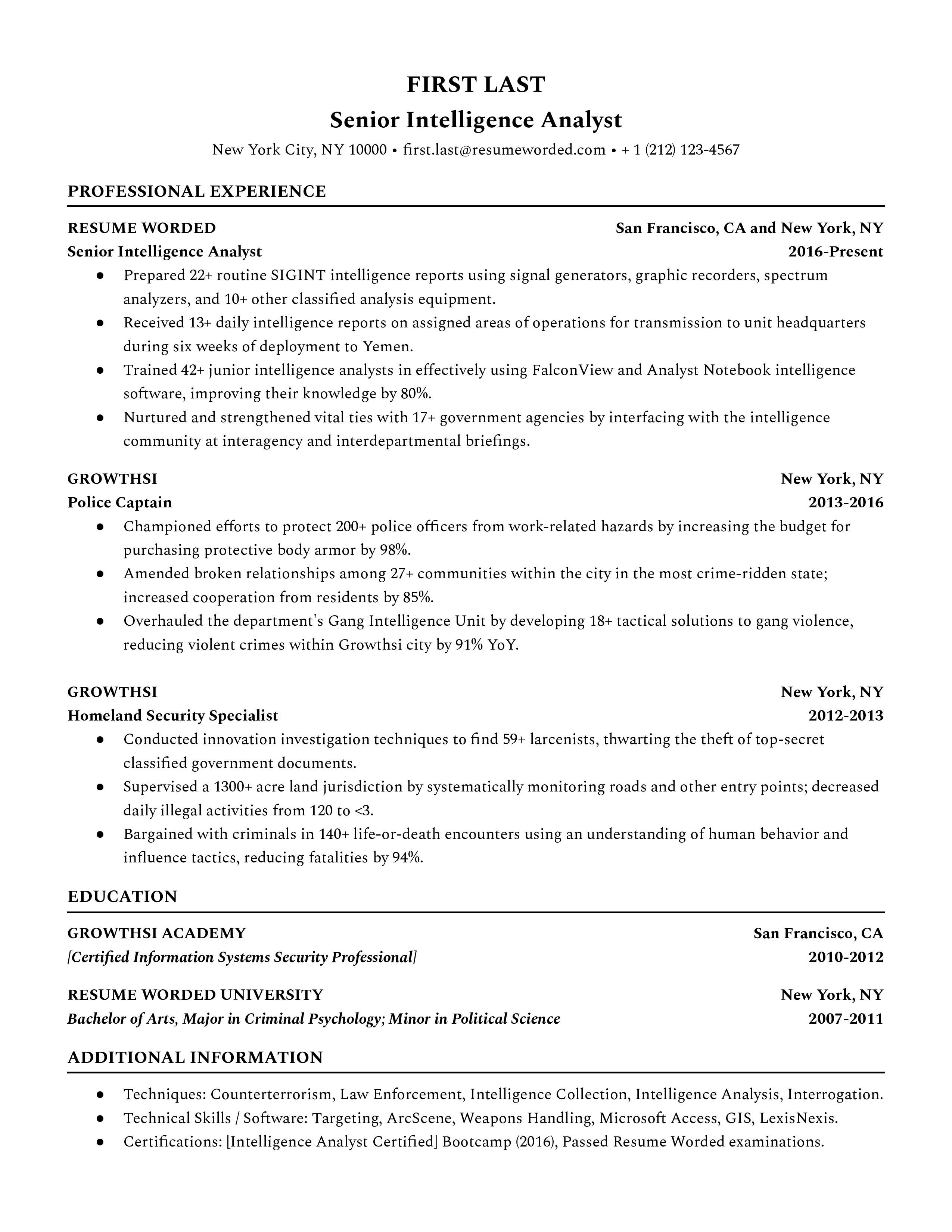 A senior intelligence analyst resume template highlighting their educational background.
